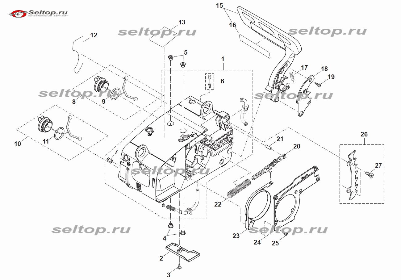 Бензобак и цепной тормоз для бензопилы Makita DCS 3410 TLC