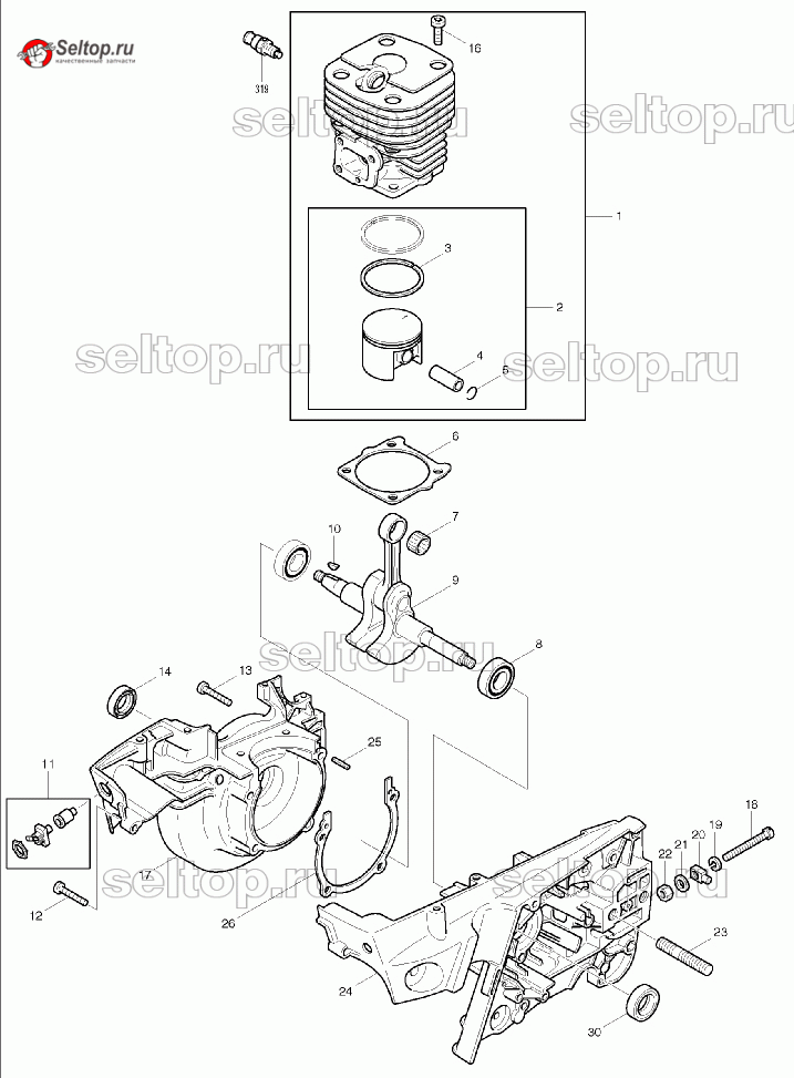 Цилиндр, поршень, коленвал, картер для Makita DPC 7001