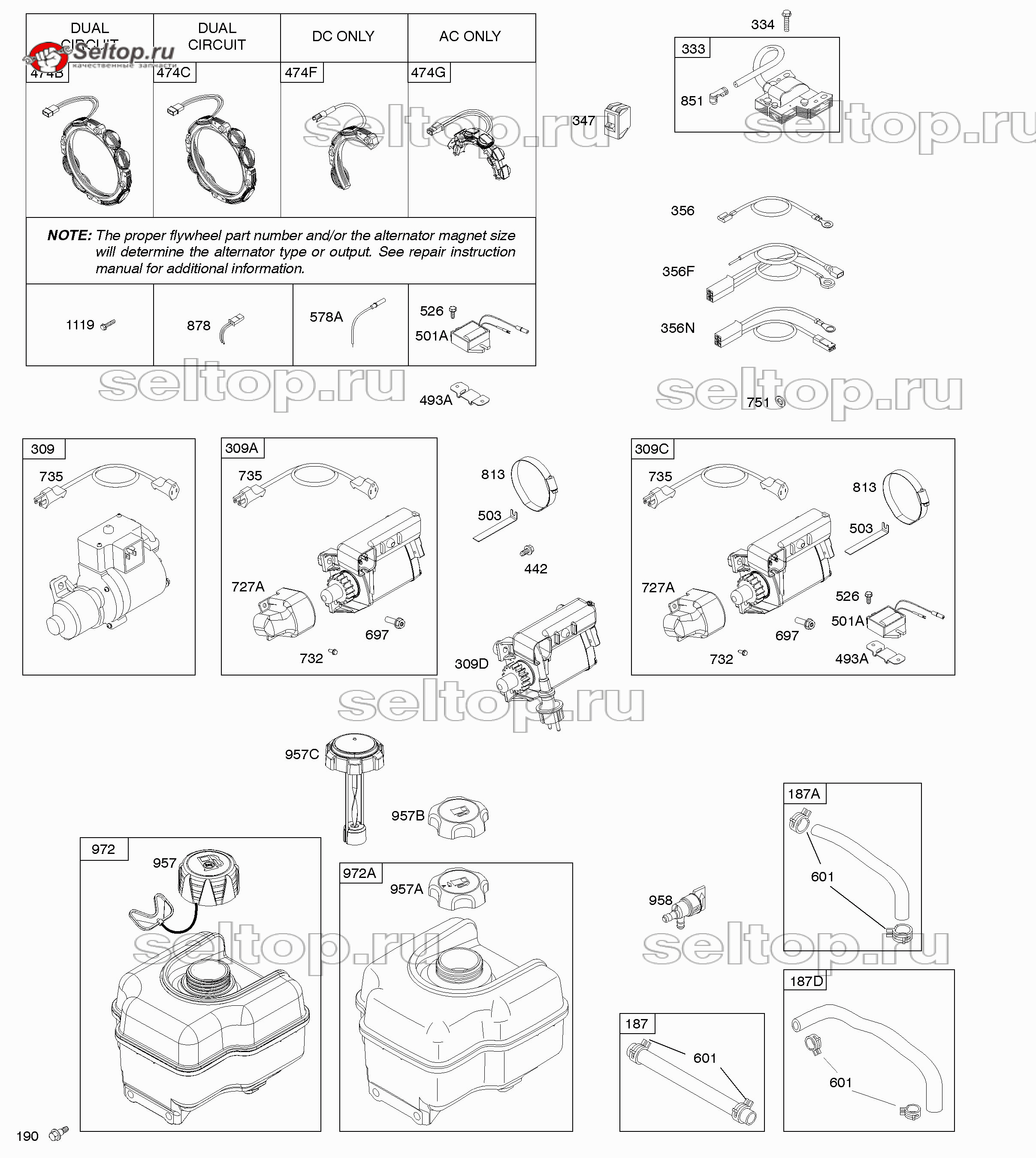 Генератор переменного тока, электростартер, система подачи топлива, зажигание Briggs Stratton 20M114-0541-E1