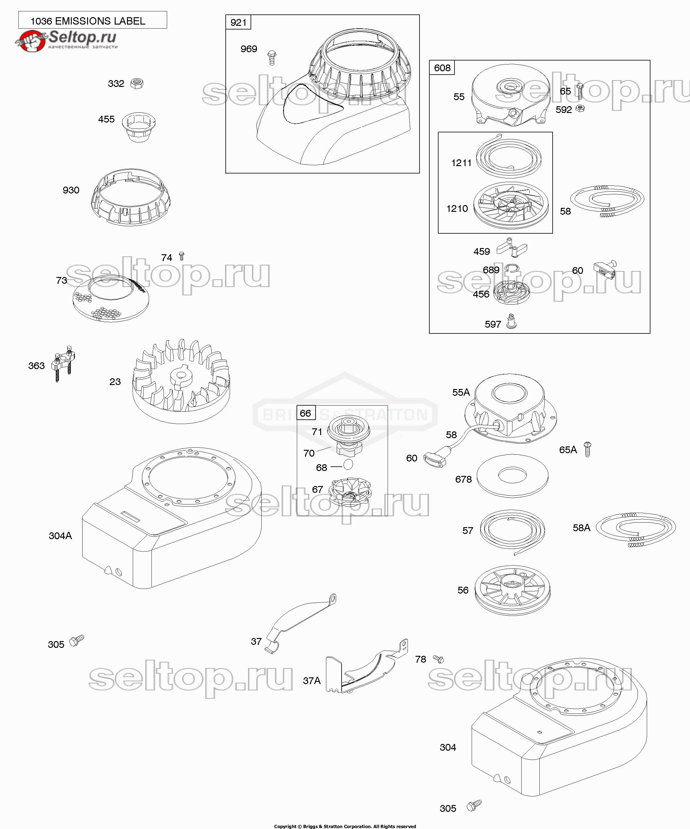 Корпус нагнетателя, кожухи, маховик, ручной стартер Briggs Stratton 09D902-2033-B1