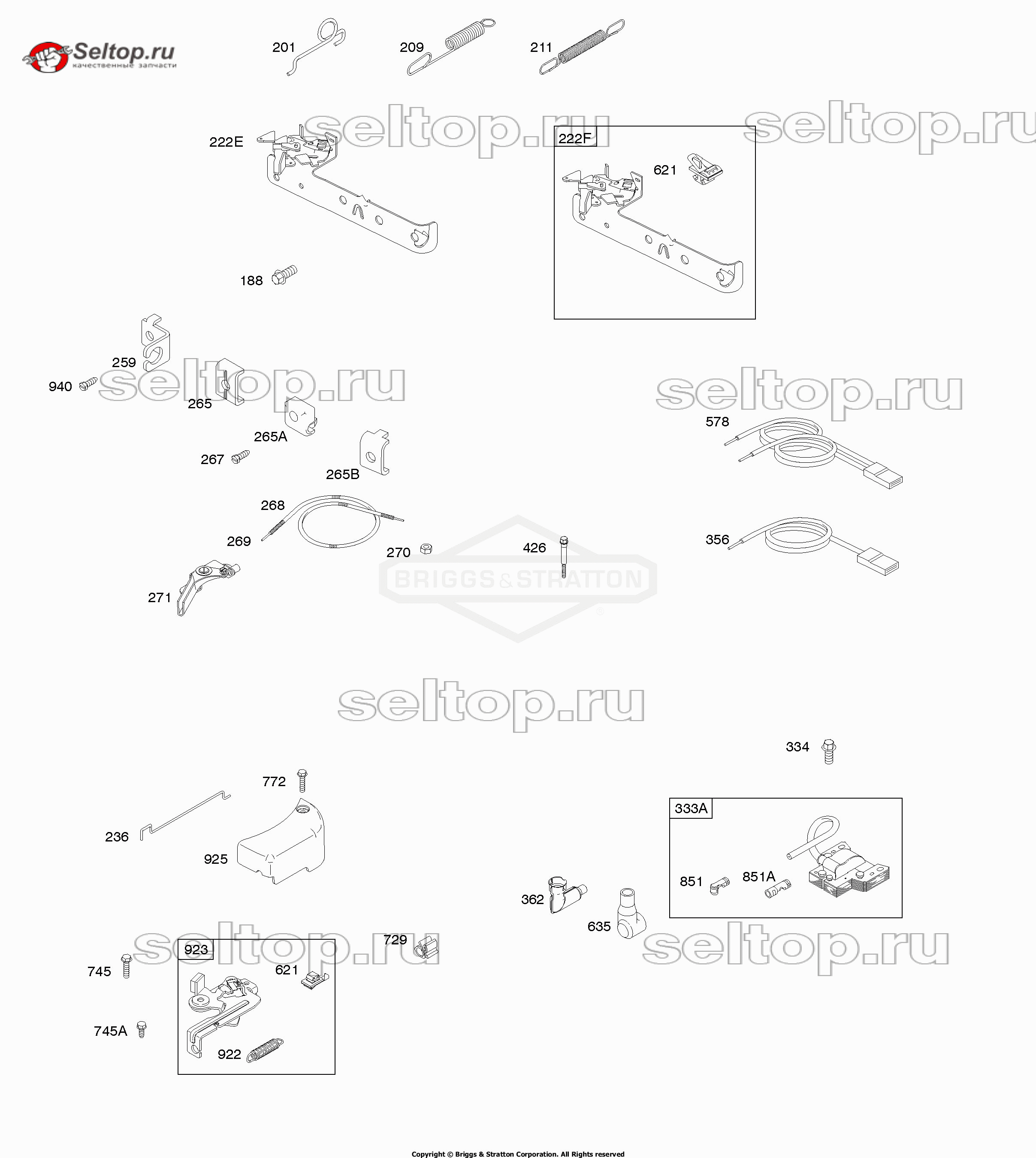 Тормоз, система управления, крышки, пружина регулятора, зажигание Briggs Stratton 09T502-2240-B1