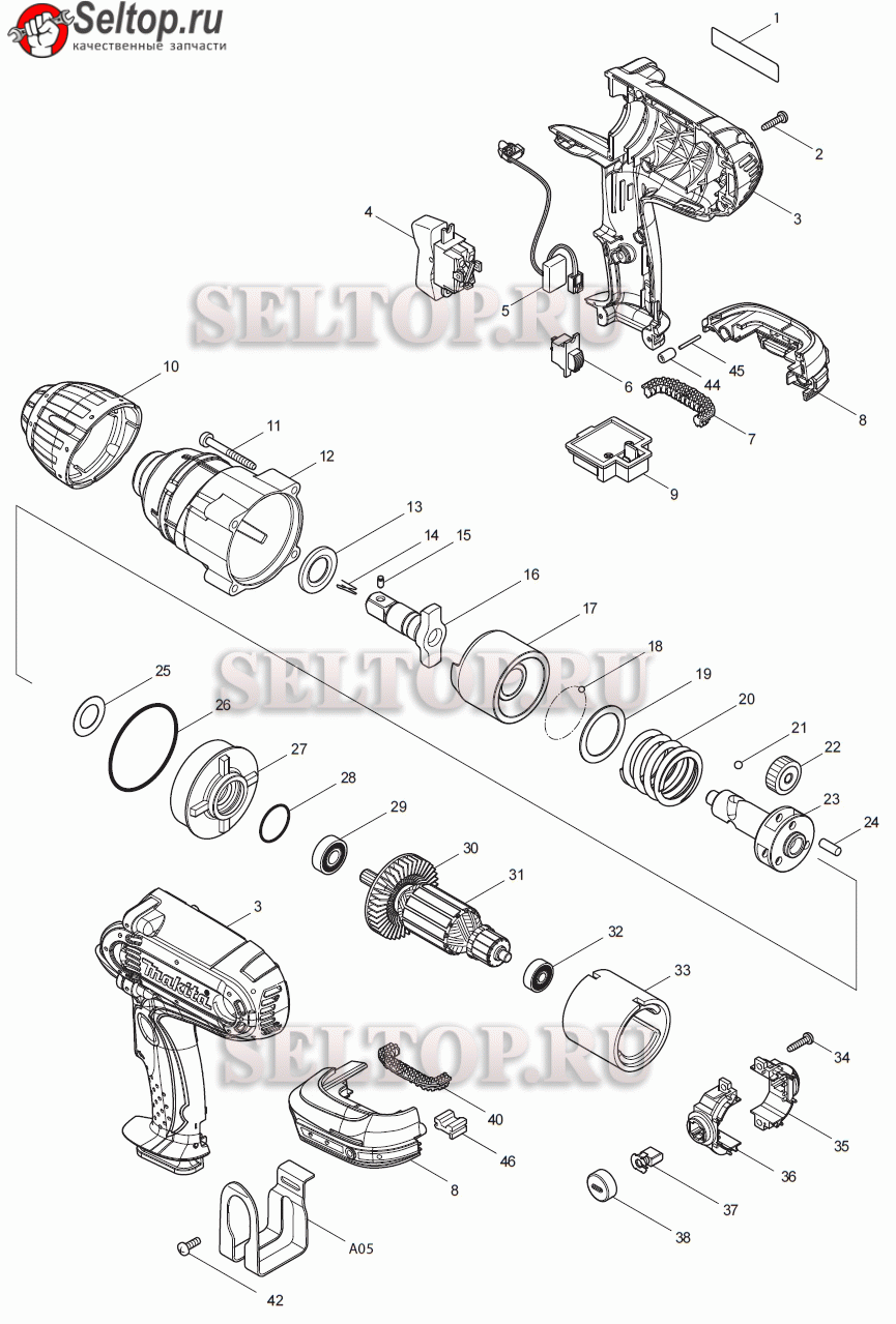Запчасти для аккумуляторного гайковерта Макита DTW 450 Z | купить в Москве  в интернет-магазине Селтоп с доставкой. Цены, наличие, взрыв-схема.
