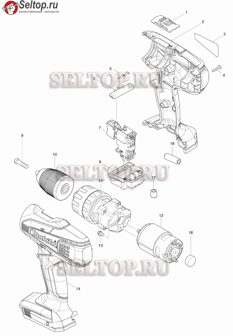 Запчасти для аккумуляторной дрели Makita HP 457 DWE | купить в Москве в  интернет-магазине Селтоп с доставкой. Цены, наличие, взрыв-схема.