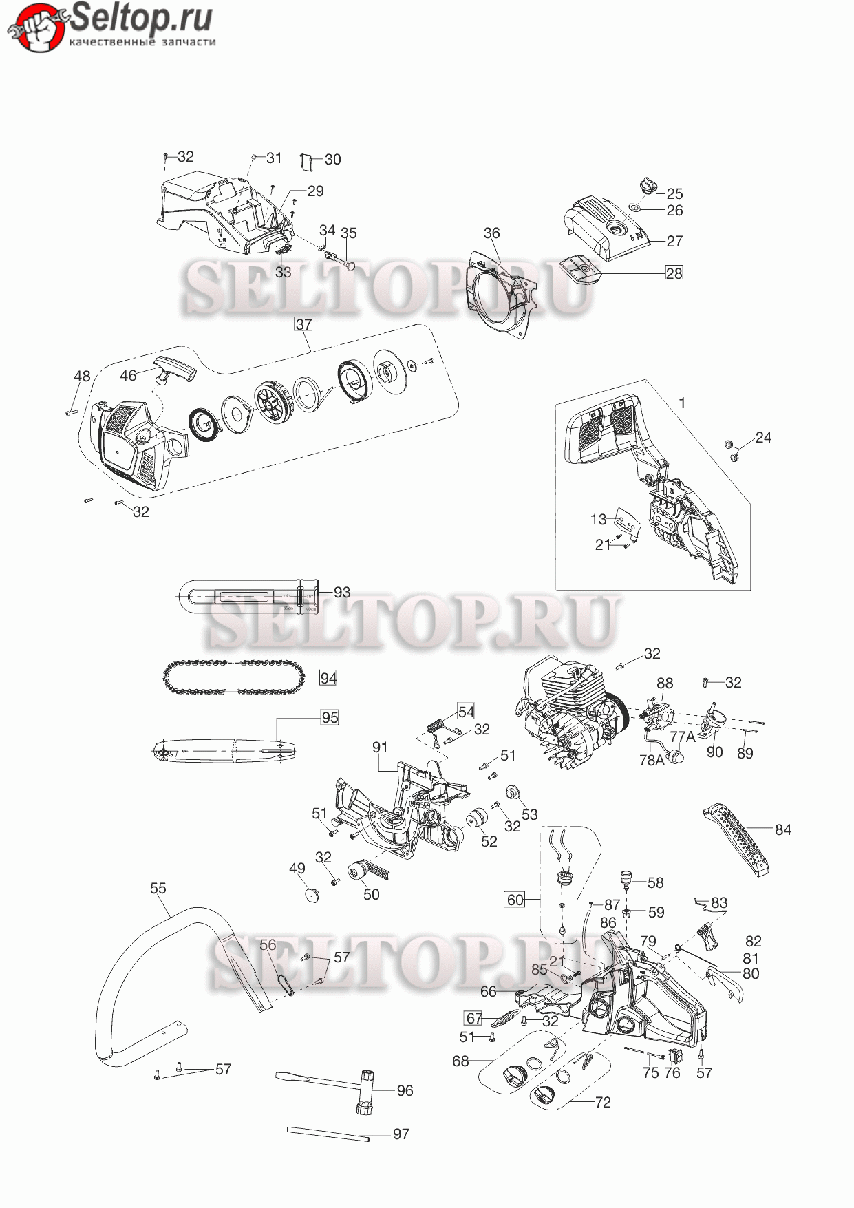 Запчасти для бензопилы AL-KO bks 3835 (аналог 113333) (артикул модели  113185) (схема 1) | купить в Москве в интернет-магазине Селтоп с доставкой.  Цены, наличие, взрыв-схема.