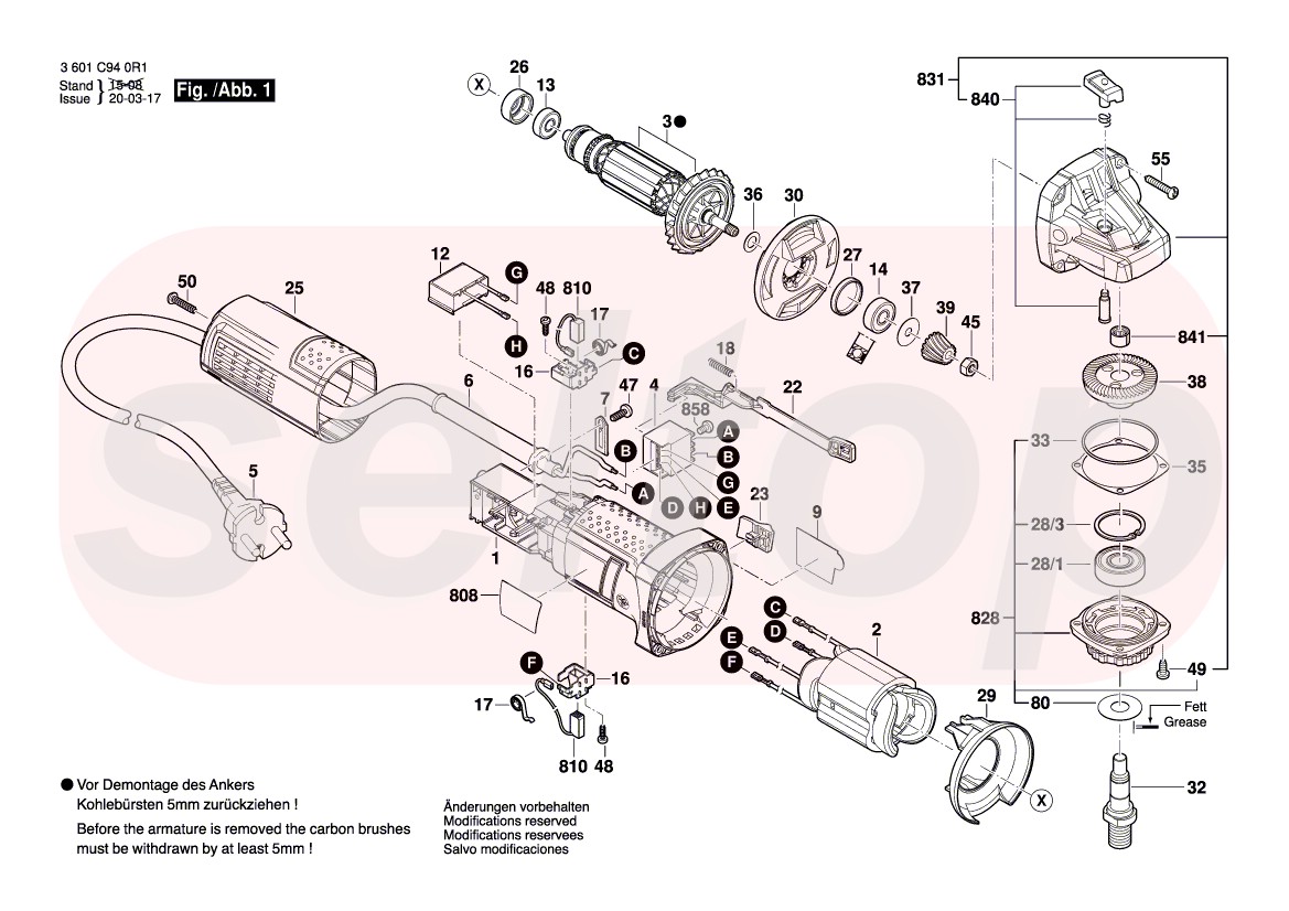 Запчасти для болгарки BOSCH GWS 750-125 (3601C940R2) (схема 1) | купить в  Москве в интернет-магазине Селтоп с доставкой. Цены, наличие, взрыв-схема.