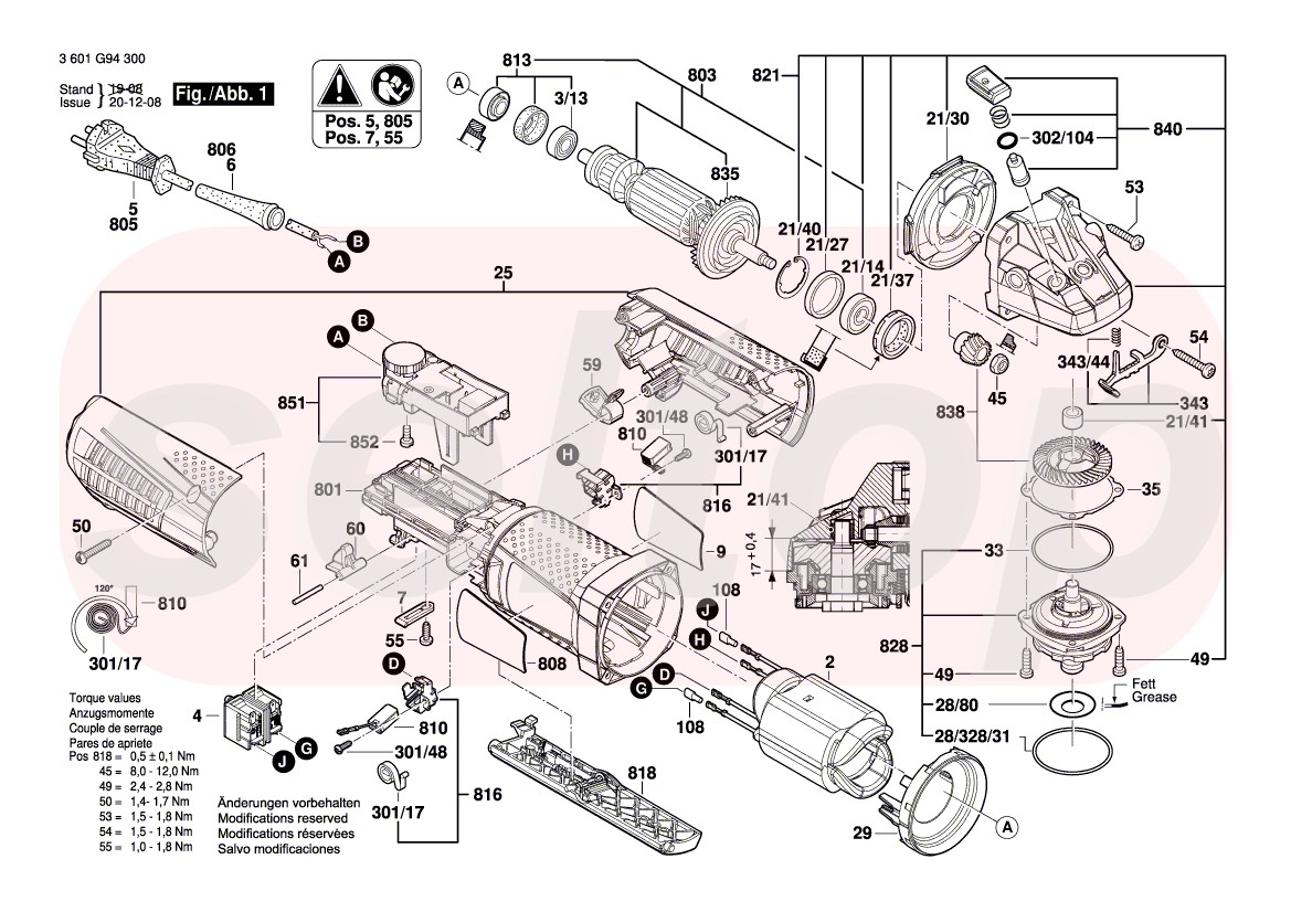 Запчасти для болгарки BOSCH GWS 12-125 CIEPX (3601G94300) (схема 1) |  купить в Москве в интернет-магазине Селтоп с доставкой. Цены, наличие,  взрыв-схема.