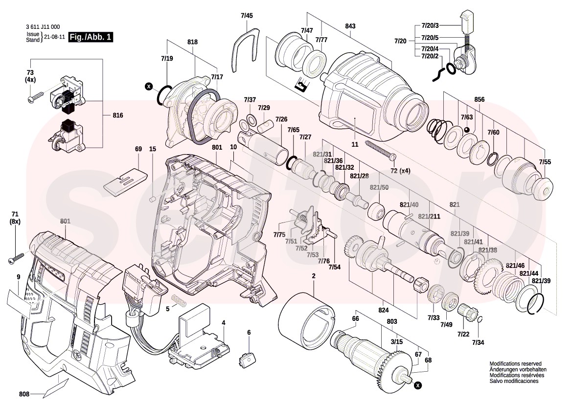 Запчасти для аккумуляторного отбойного молотка BOSCH GBH 18V-20  (3611J11000) (схема 1) | купить в Москве в интернет-магазине Селтоп с  доставкой. Цены, наличие, взрыв-схема.