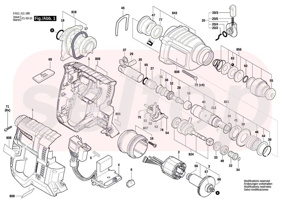 Запчасти для аккумуляторного отбойного молотка BOSCH GBH 18V-21  (3611J11100) (схема 1) | купить в Москве в интернет-магазине Селтоп с  доставкой. Цены, наличие, взрыв-схема.