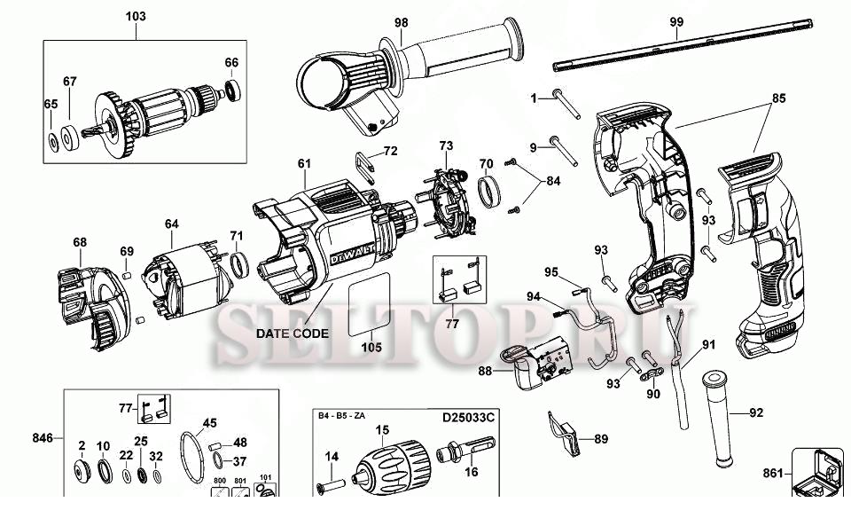 Запчасти для перфоратора Dewalt D25033 тип 1 (КОРПУС И МОТОР)