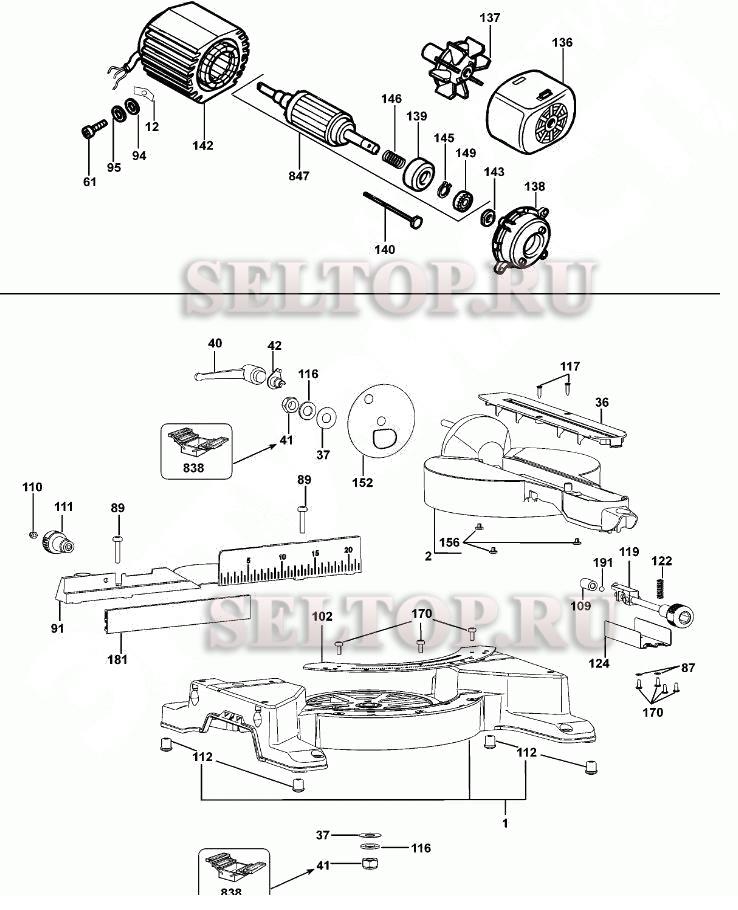 Запчасти для комбинированной пилы Dewalt DW711 тип 5 (МОТОР И ОСНОВАНИЕ)