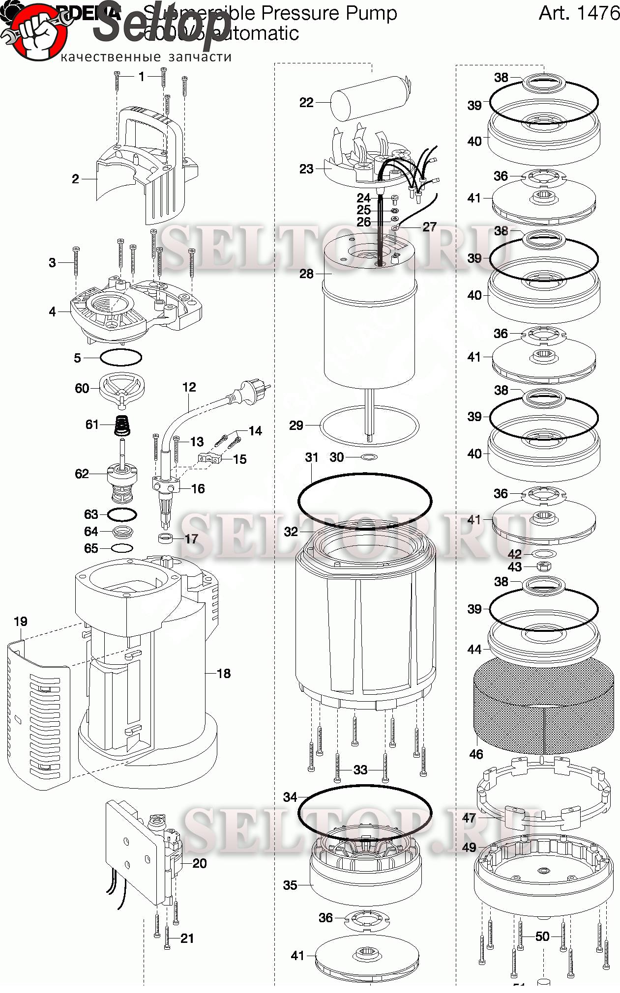 Запчасти для погружного насоса высокого давления Gardena 6000/5 comfort  automatic (с серийного номера d) (2012-08) (артикул 1476-20) | купить в  Москве в интернет-магазине Селтоп с доставкой. Цены, наличие, взрыв-схема.