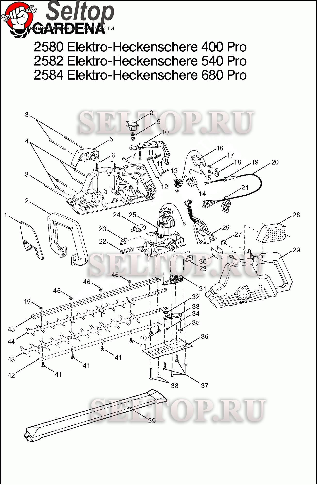 Запчасти для электрических ножниц Gardena 540 pro (до 1999 года)(артикул  2582-20) | купить в Москве в интернет-магазине Селтоп с доставкой. Цены,  наличие, взрыв-схема.