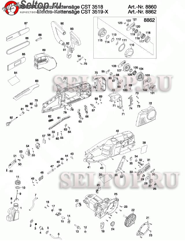 Запчасти для садовой электрической пилы Gardena cst 3519-x (артикул 8862-20)