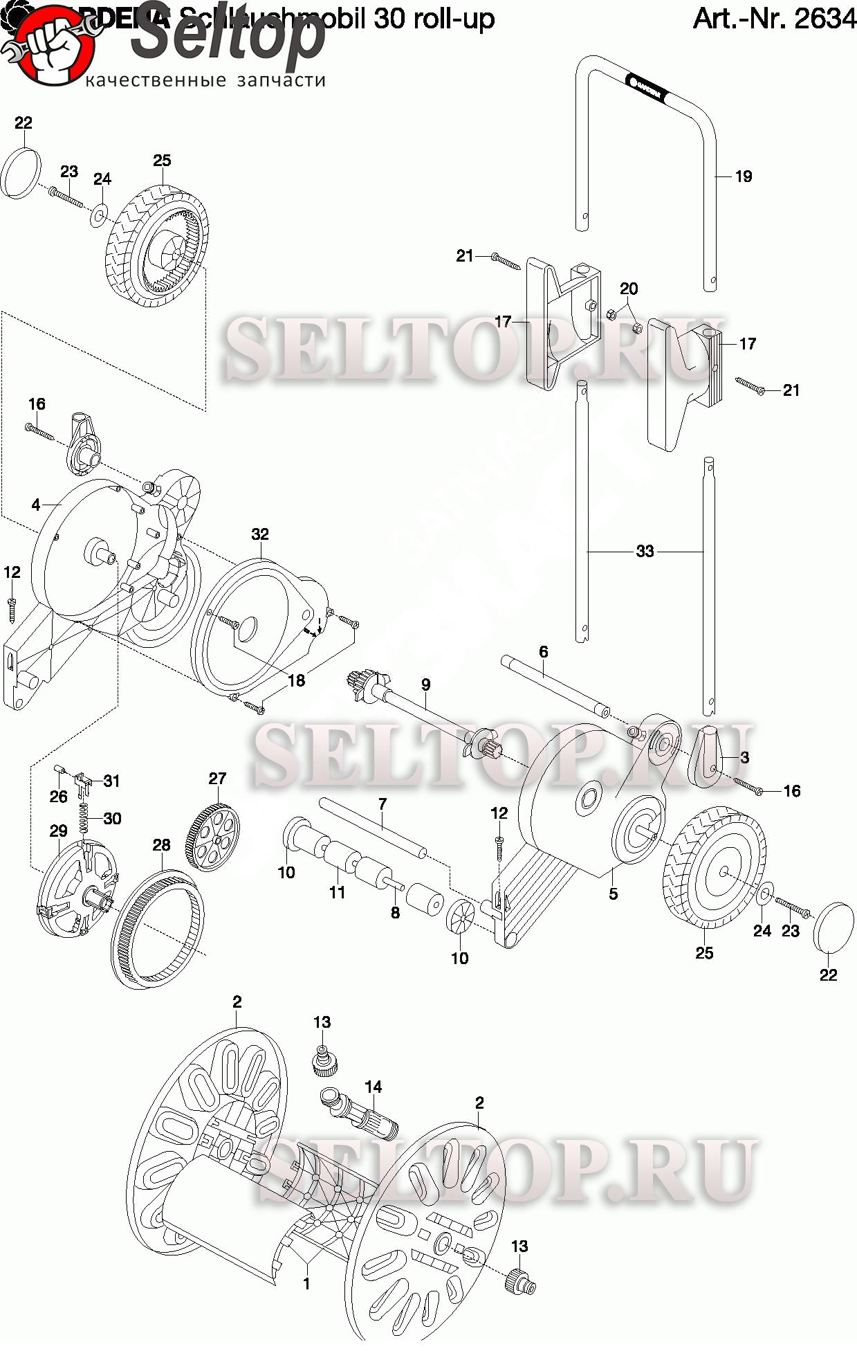 Запчасти для тележки для шланга Gardena 30 roll-up (до 2009 года) (артикул 2634-20)