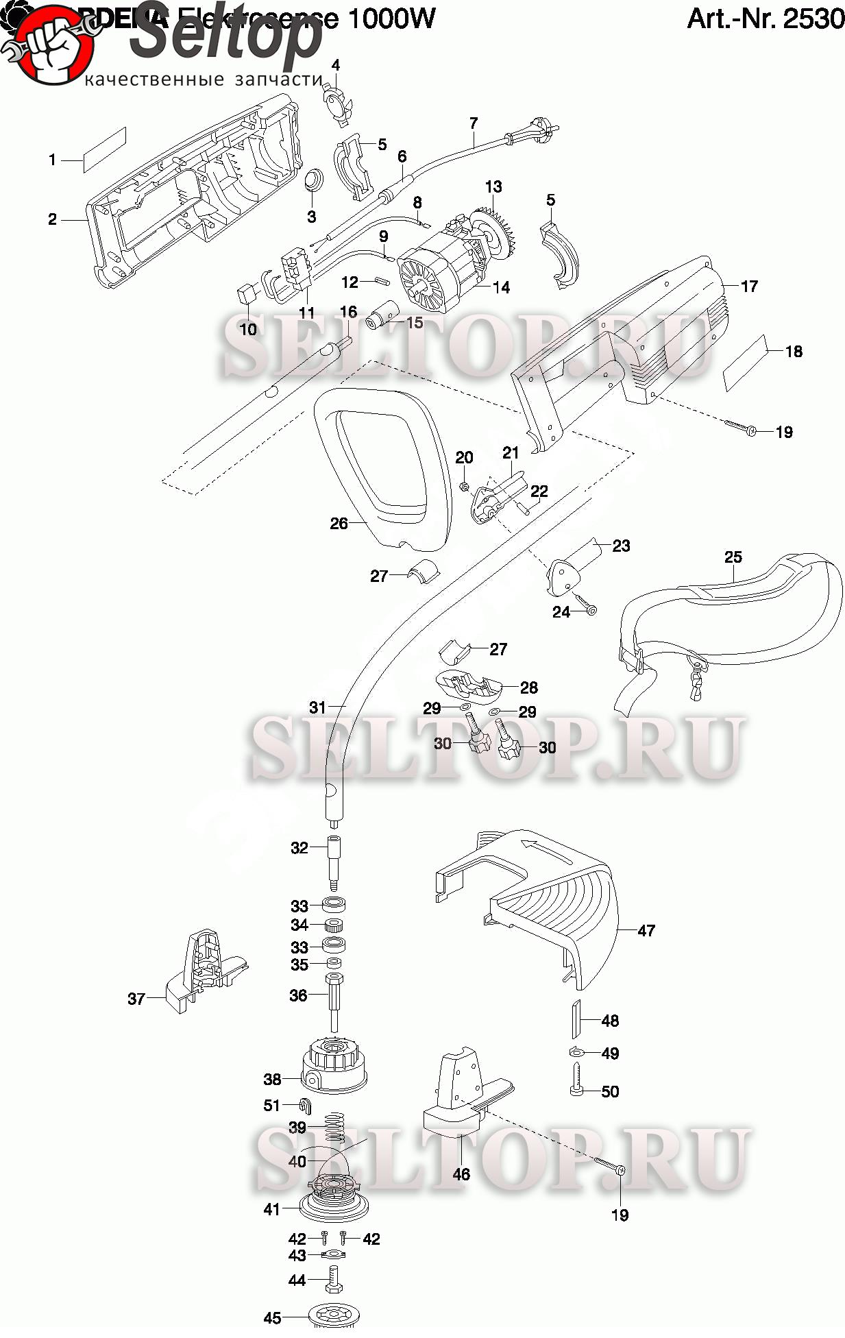 Запчасти для триммера электрического Gardena es 1000 w (до 2007 года)  (артикул 2530-20) | купить в Москве в интернет-магазине Селтоп с доставкой.  Цены, наличие, взрыв-схема.