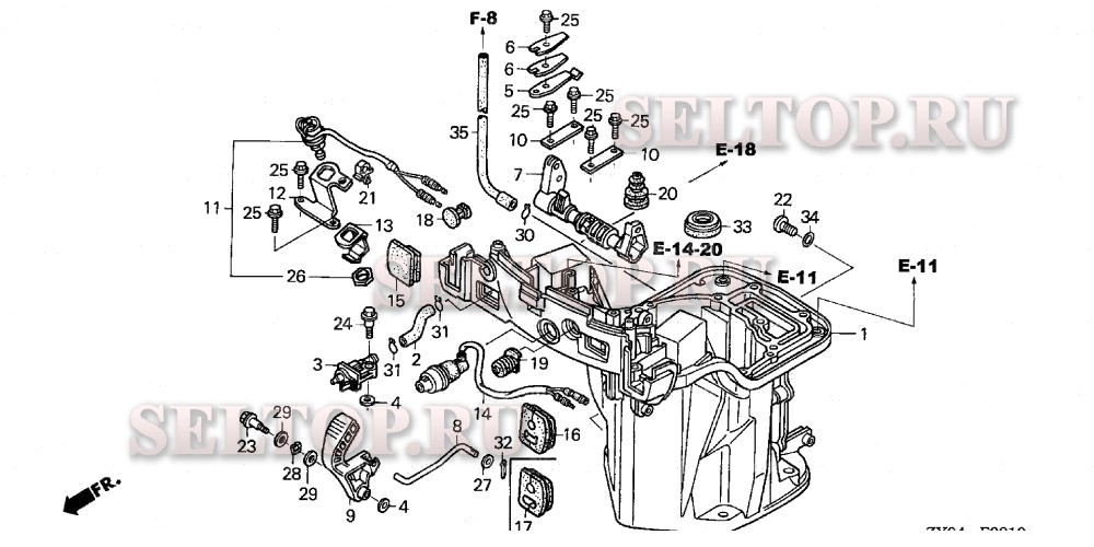 Корпус с датчиком уровня масла, ось вилки переключения (технические характеристики) для Honda BF15D3 SHA
