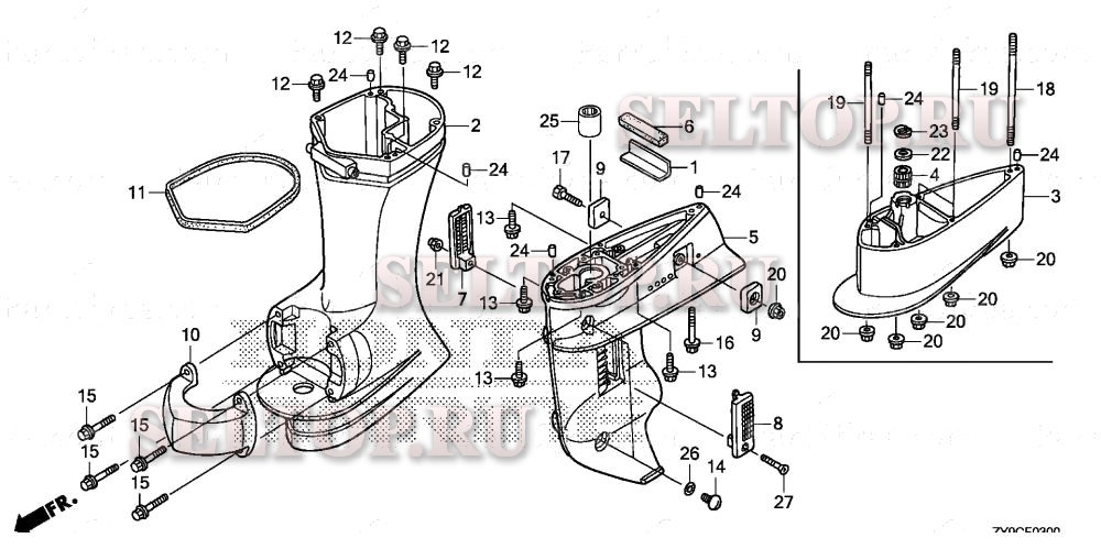 Корпус редуктора, выступающая часть для Honda BF15DK3 LHTA