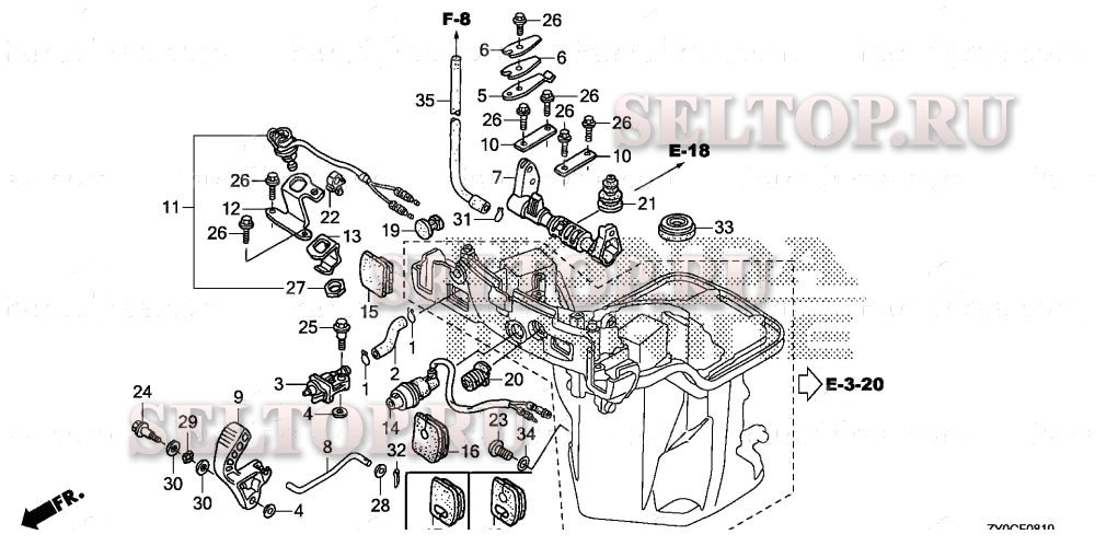 Корпус с датчиком уровня масла, ось вилки переключения (технические характеристики) для Honda BF15DK3 LHTA