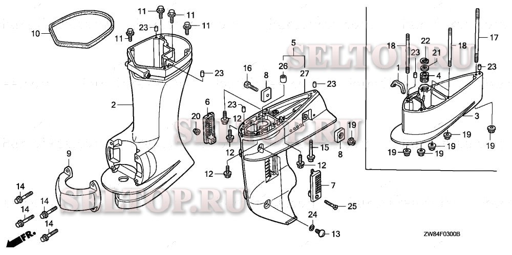 Корпус редуктора, выступающая часть для Honda BF9.9D1 SHSA
