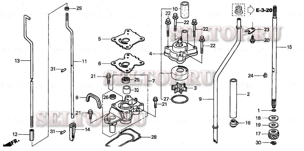 Водяной насос, вертикальный вал (l, s size) для Honda BF9.9D3 SHSA