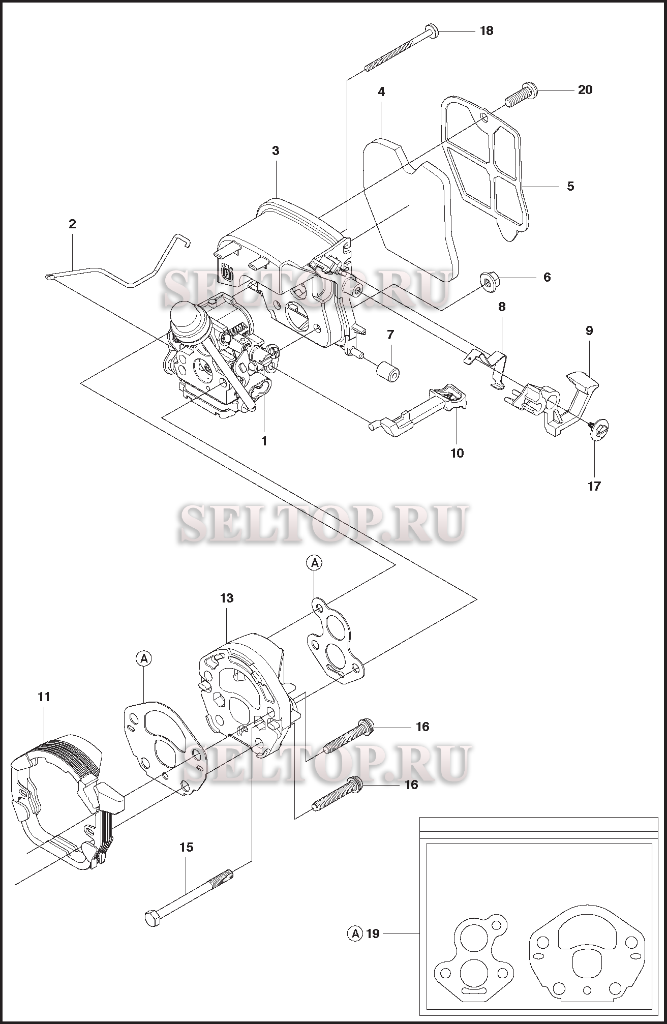 Карбюратор, воздушный фильтр для бензопилы Husqvarna 120 e MARK II артикул 967861908, 967861909, 967861910, 967861916 (с 2018-05)