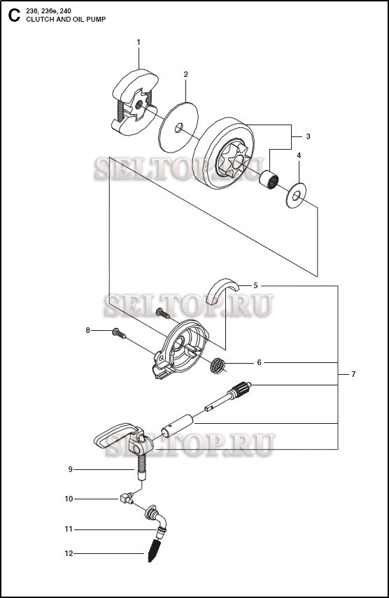 Сцепление, масляный насос для бензопилы Husqvarna 236 E артикул 967326501, 967326502, 967787906 (с 2018-02)