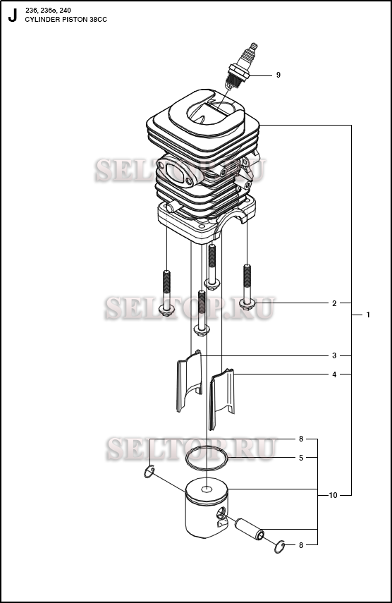 Поршень, цилиндр для бензопилы Husqvarna 236 артикул 967326401, 967326402, 967326403, 967326412 (с 2014-10)