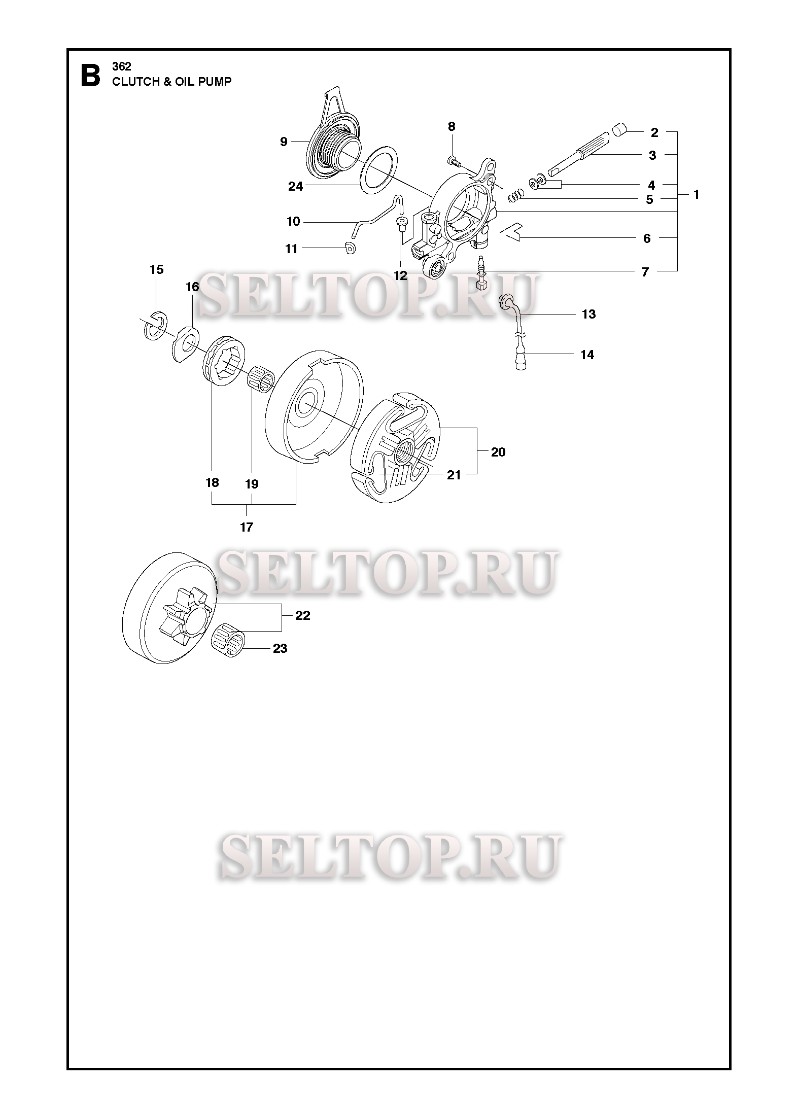 Сцепление, масляный насос для бензопилы Husqvarna 362 (с 2018-01)