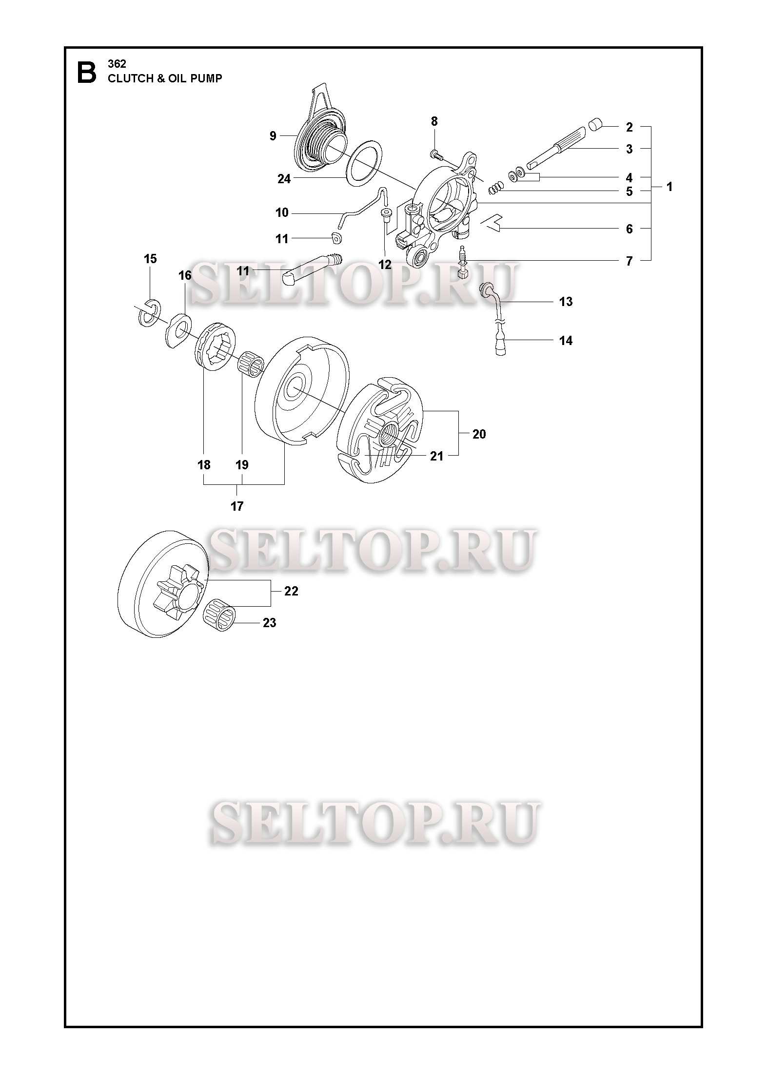 Сцепление, масляный насос для бензопилы Husqvarna 362 (с 2018-04)