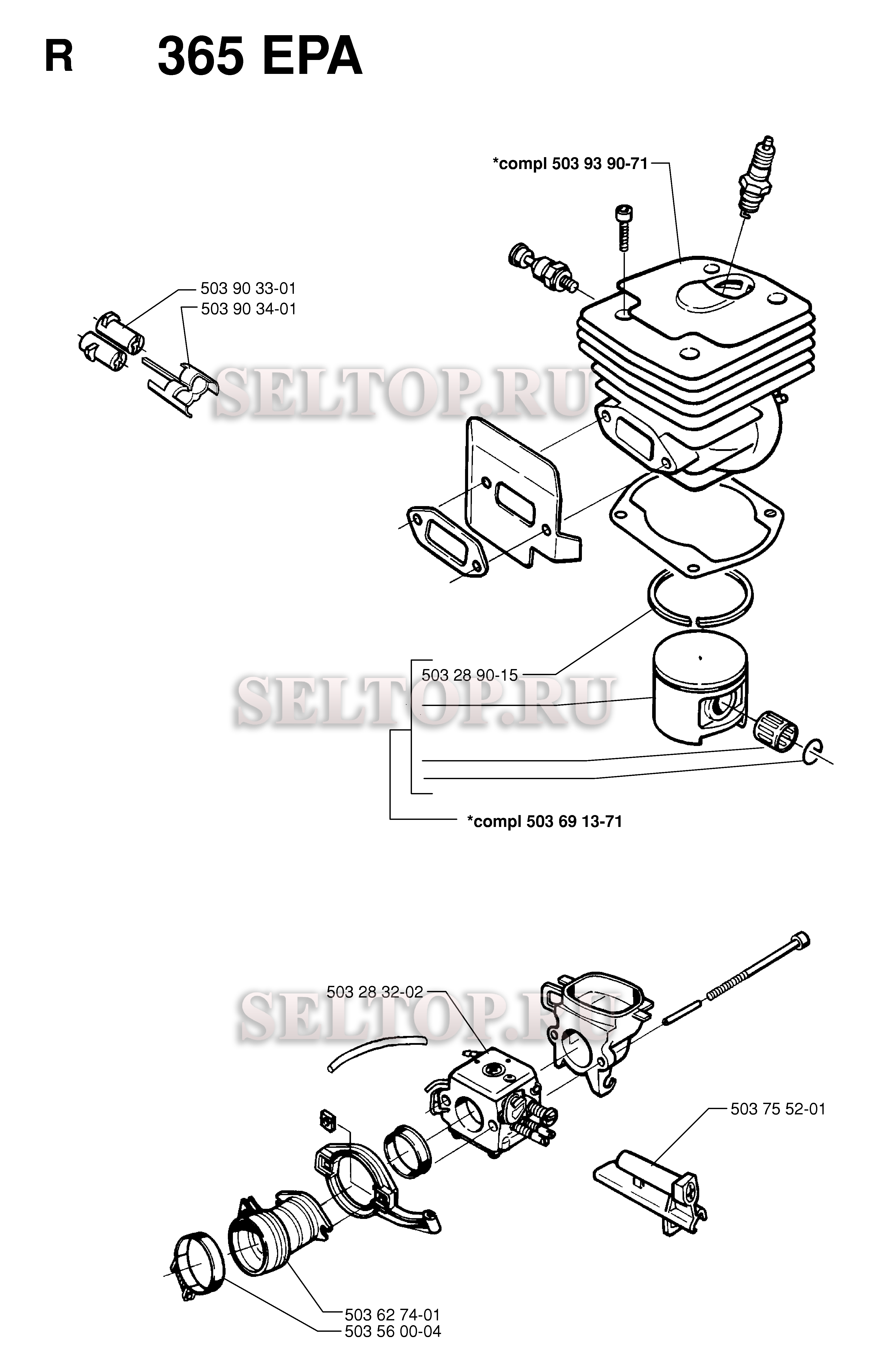 Поршень, цилиндр для бензопилы Husqvarna 365 (с 1997-12)