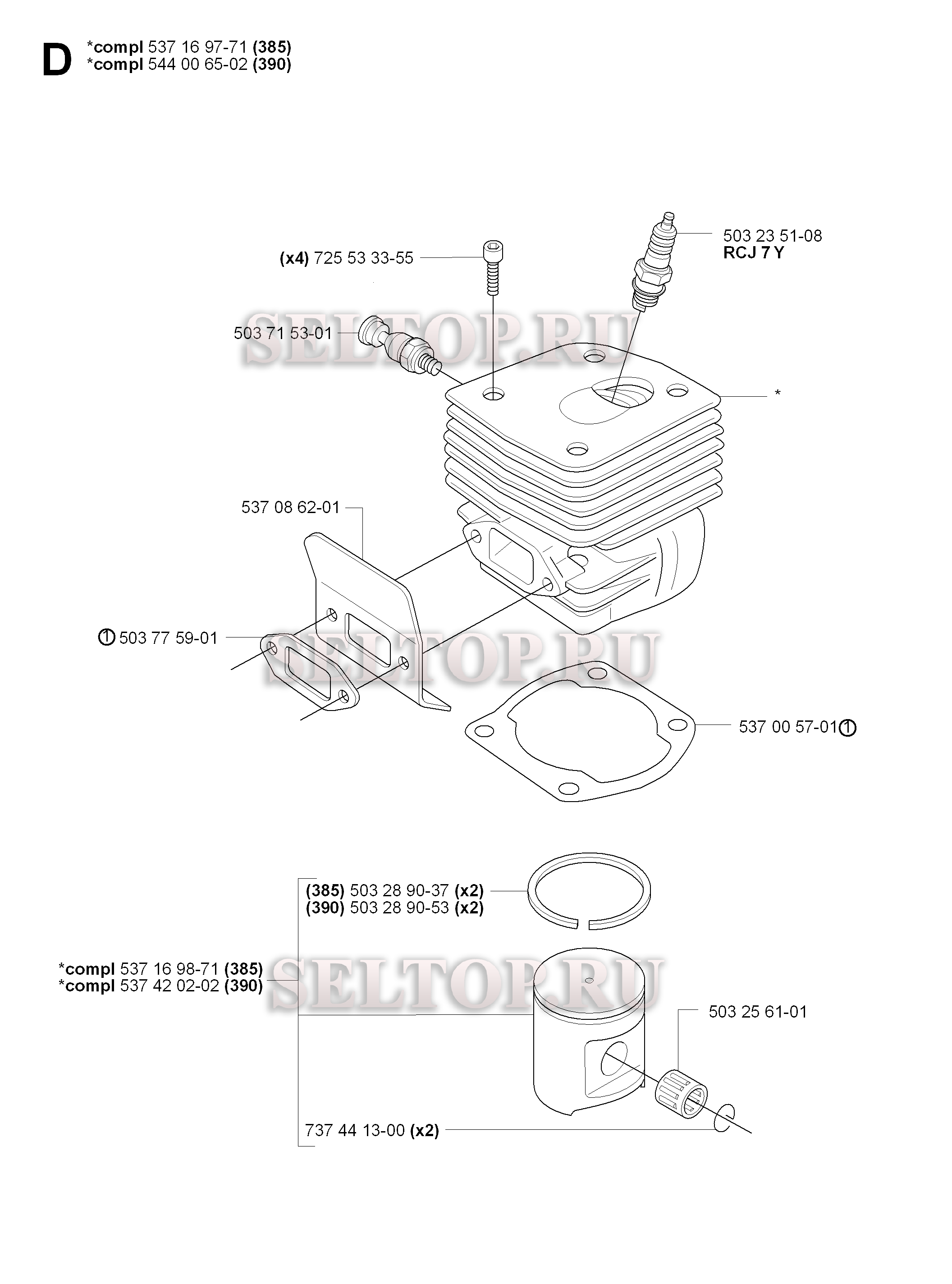 Поршень, цилиндр для бензопилы Husqvarna 385 EPA (с 2006-10)