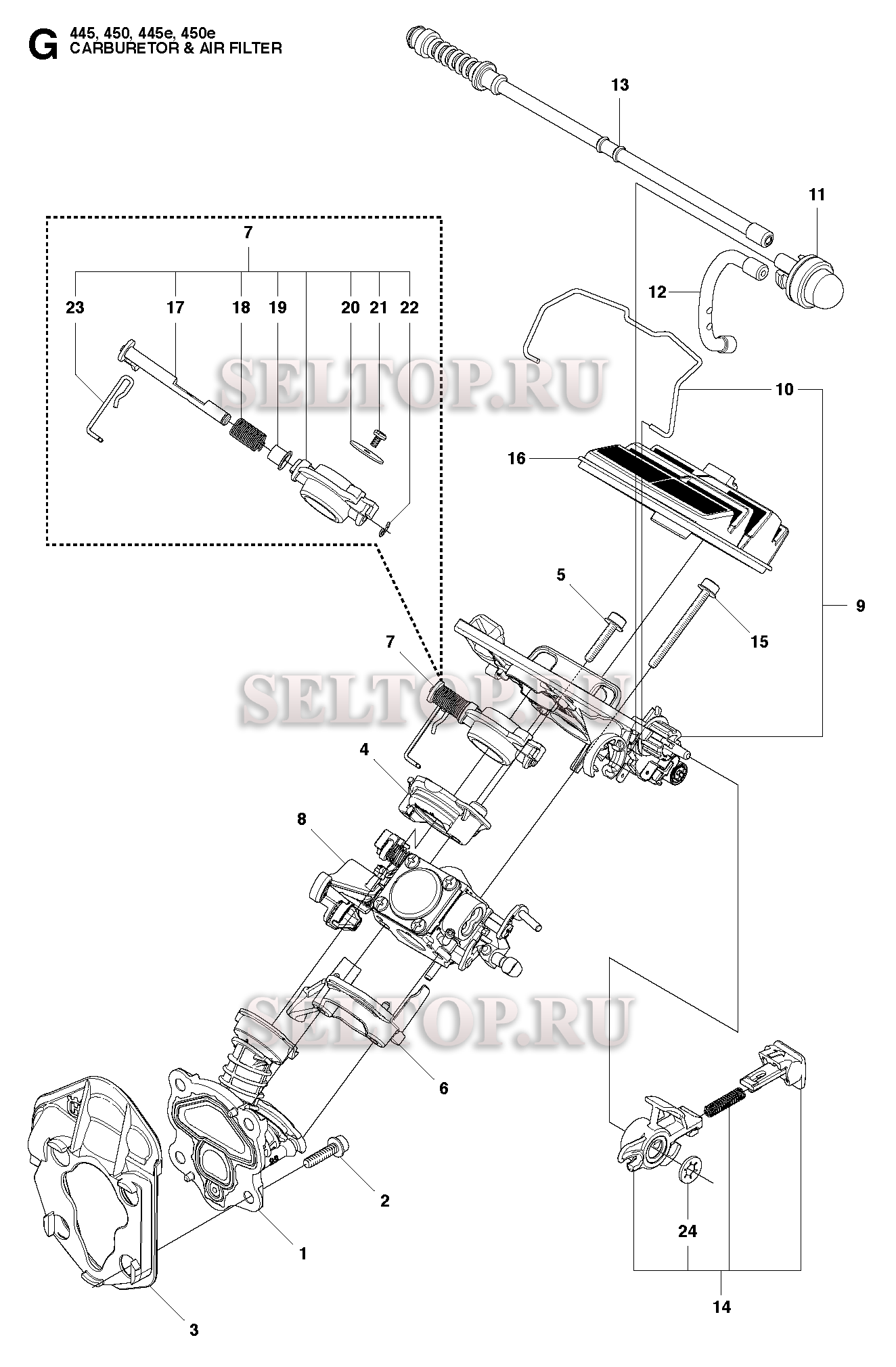 Карбюратор, воздушный фильтр для бензопилы Husqvarna 450 E (с 2010-09)