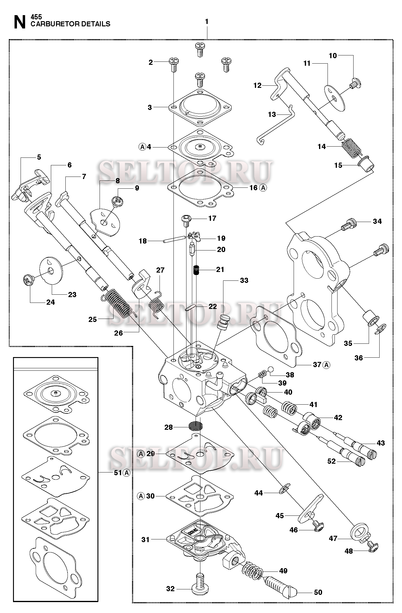Запчасти карбюратора для бензопилы Husqvarna 455 Rancher | купить в Москве  в интернет-магазине Селтоп с доставкой. Цены, наличие, взрыв-схема.