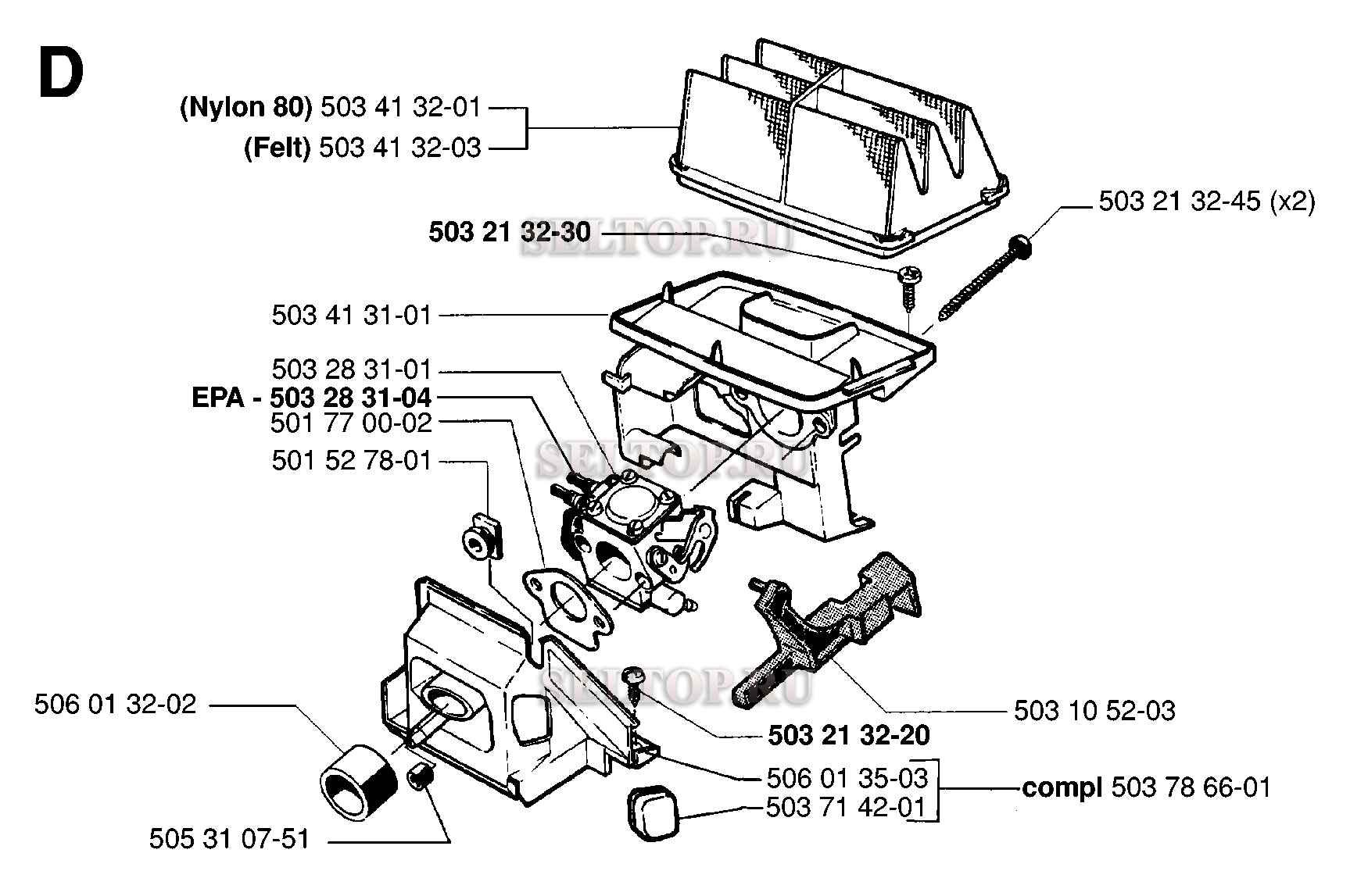 Карбюратор, воздушный фильтр для бензопилы Husqvarna 49 (с 1998-05)