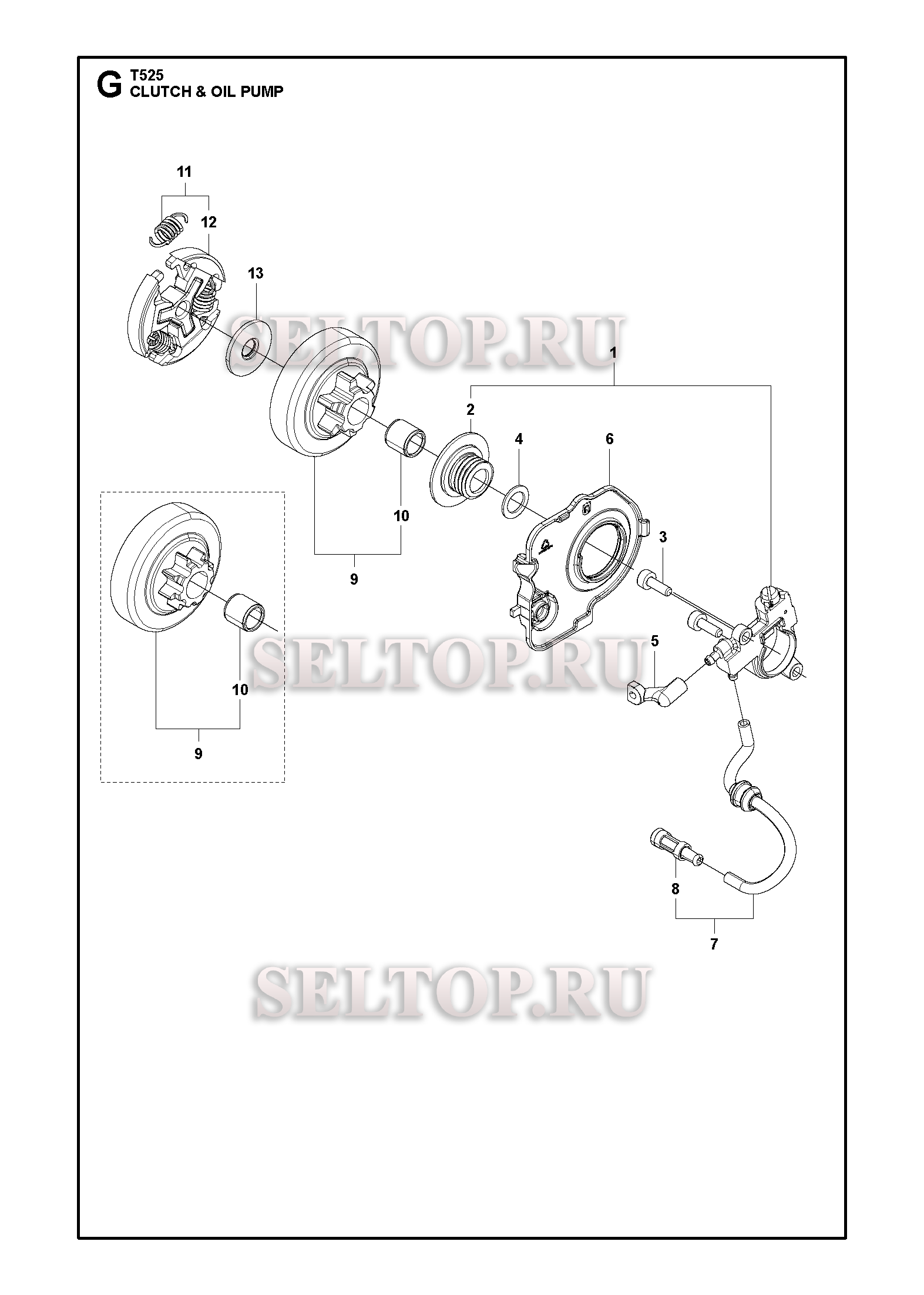 Сцепление, масляный насос для бензопилы Husqvarna T525 артикул 967633310 (с 2017-12)