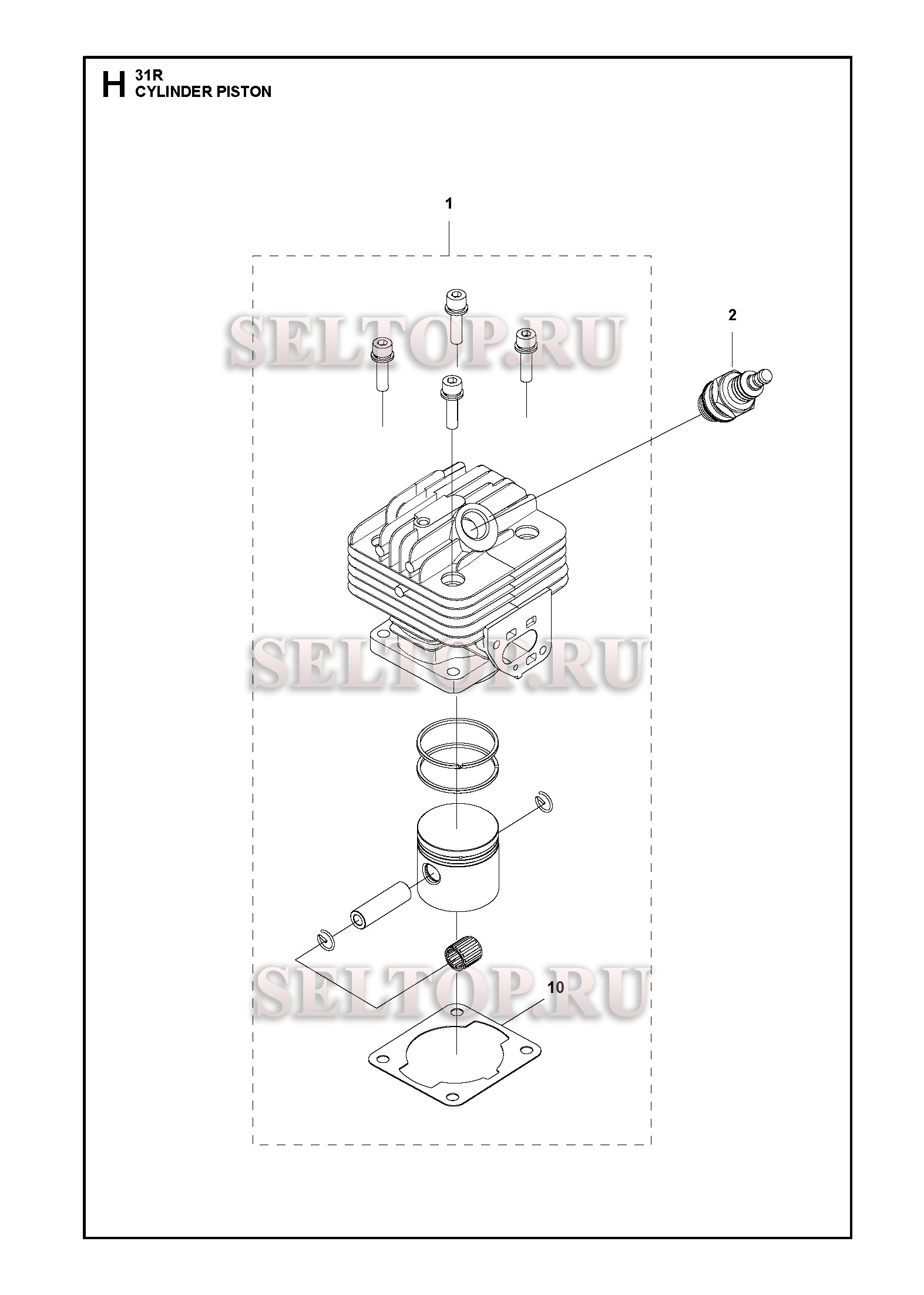Поршень, цилиндр для триммера Husqvarna 131 R (артикул модели 967843102) (с 2018-04)