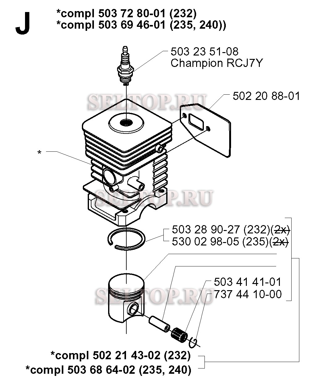 Поршень, цилиндр для триммера Husqvarna 232 L (с 2000-04)