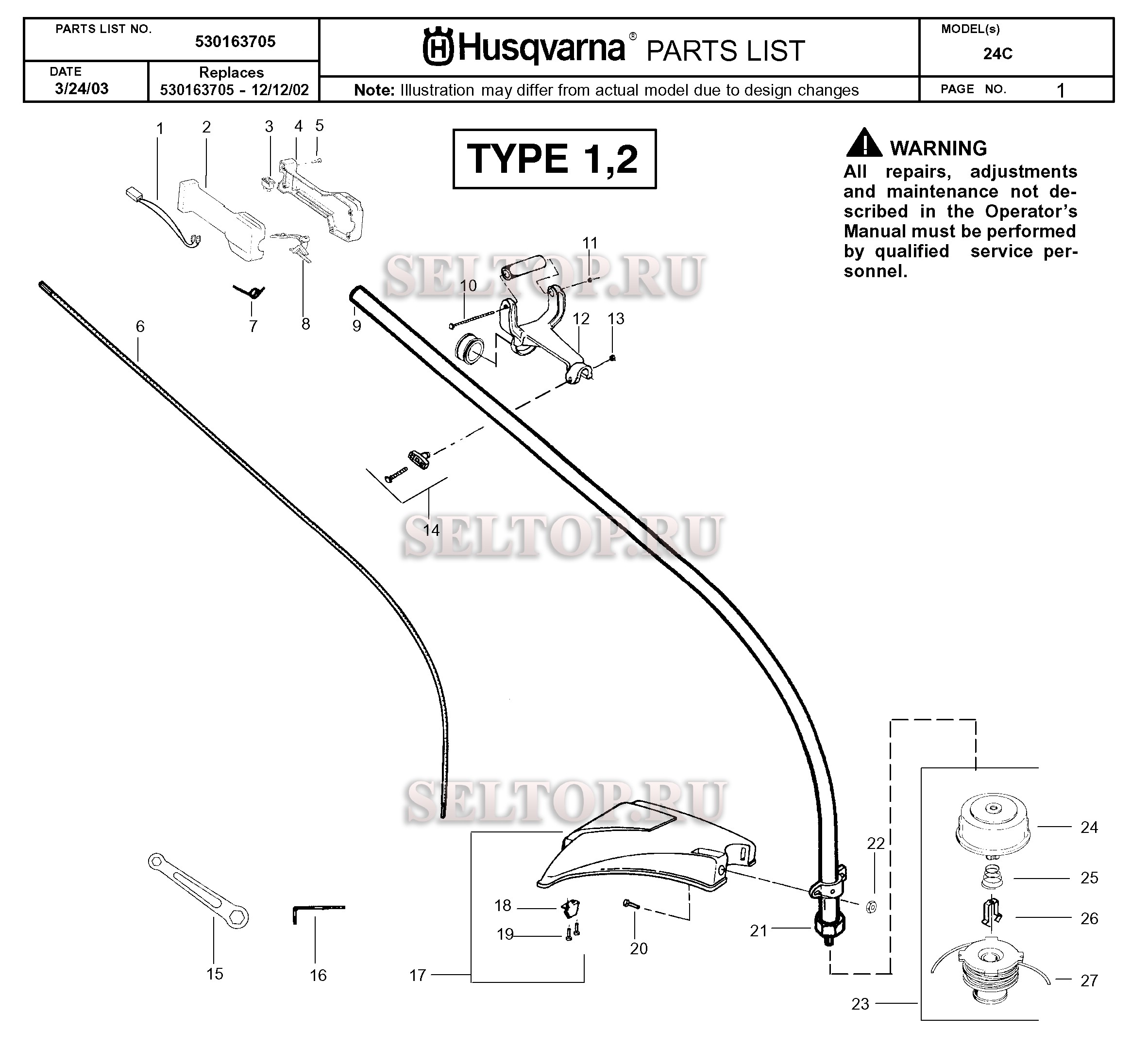 Вал привода, ручка для триммера Husqvarna 24 C (с 2004-01)
