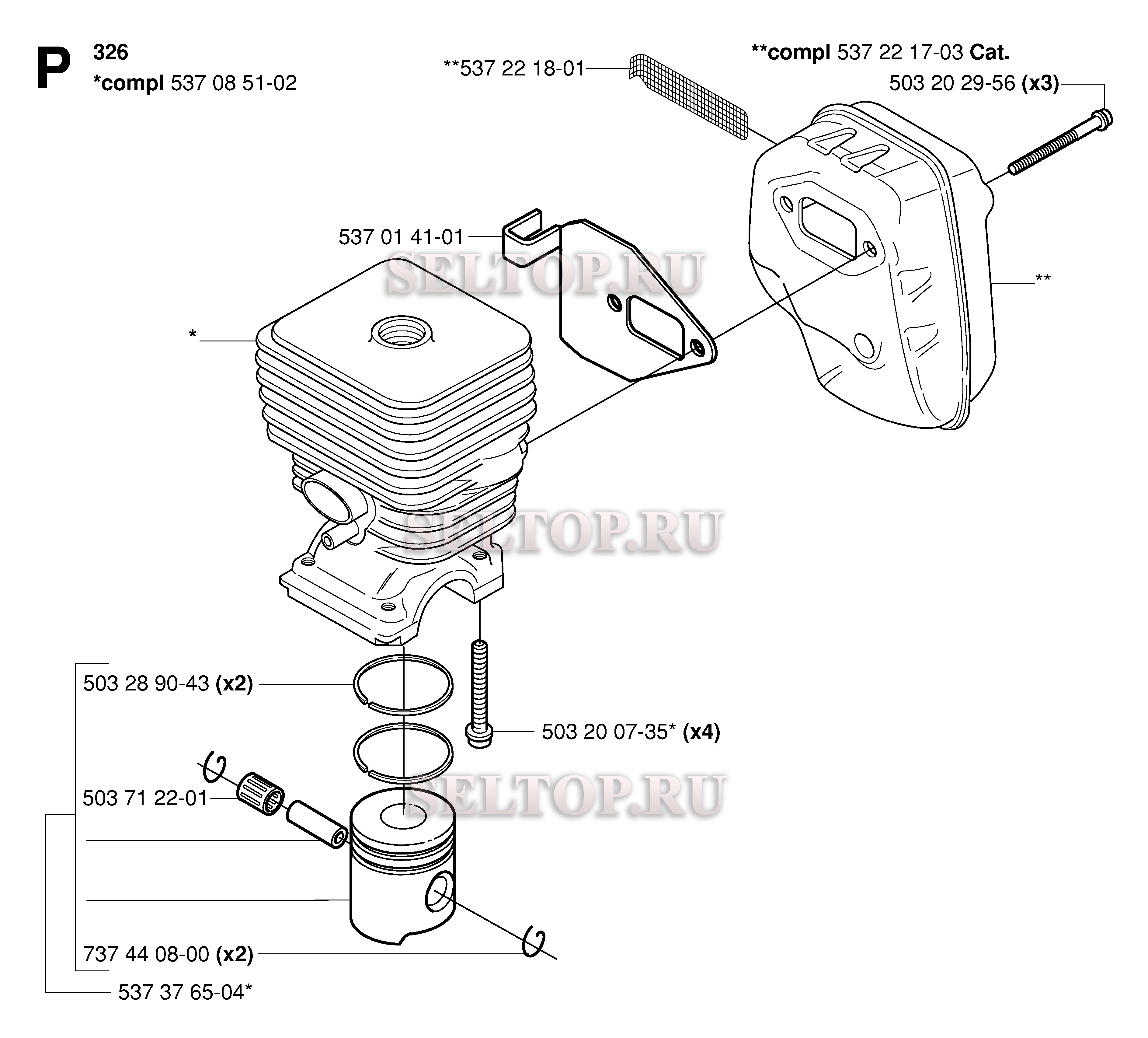Цилиндр, поршень, глушитель для триммера Husqvarna 326 L (с 2006-04)