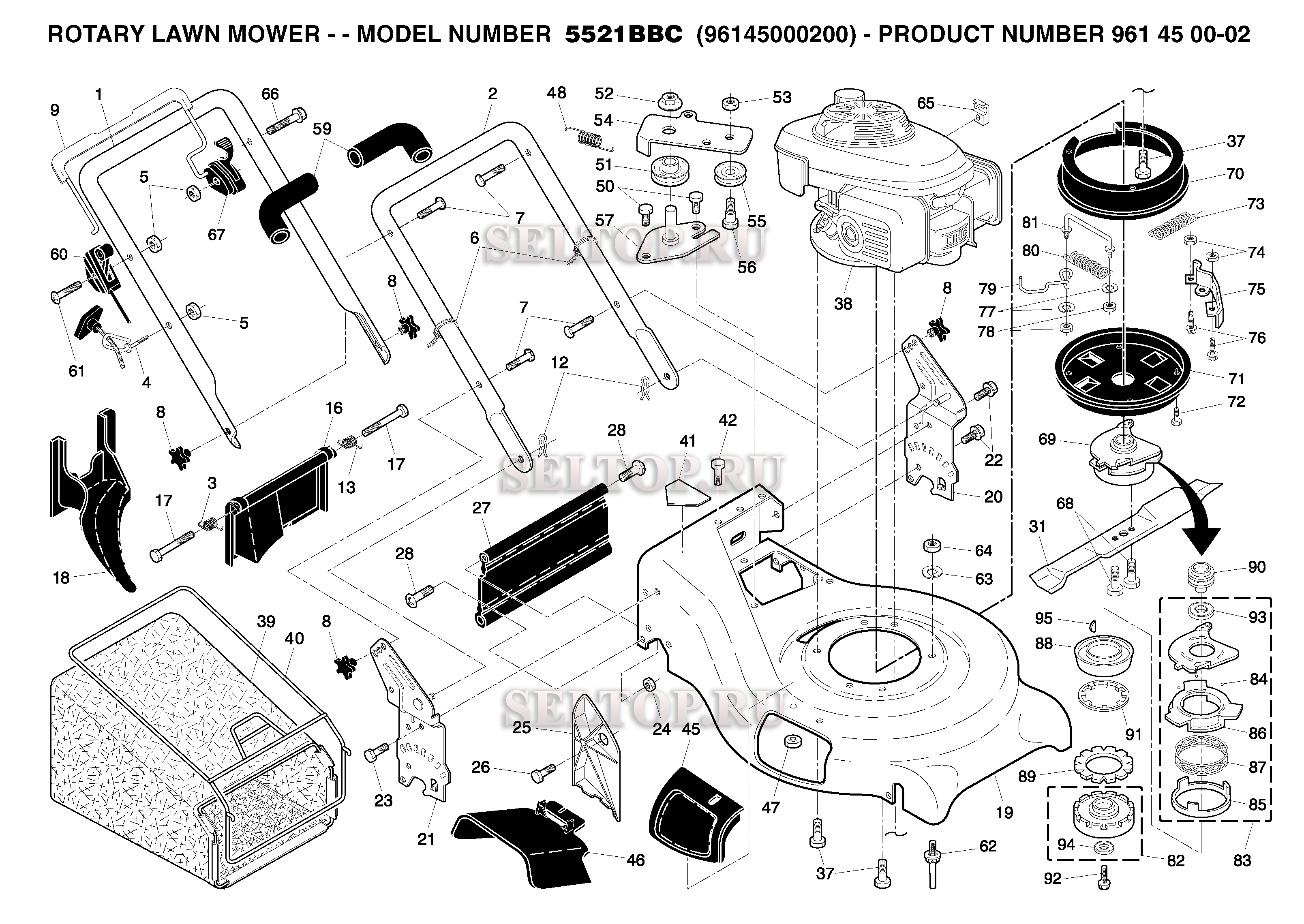 Общая деталировка для газонокосилки Husqvarna 5521 BBC артикул модели 96145000200 (с 2005-05)