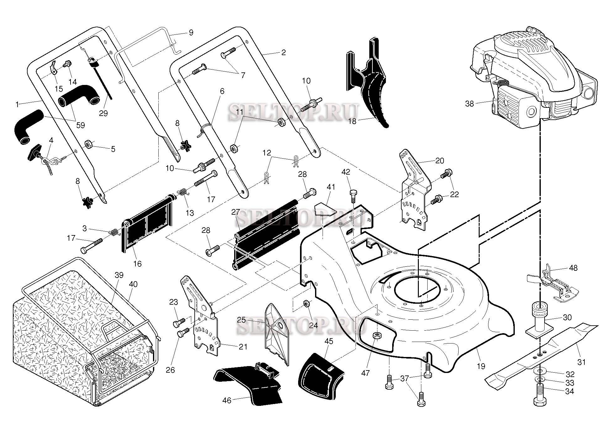 Рама и двигатель для газонокосилки Husqvarna 7021 KR артикул модели 96143010100 (с 2013-03)