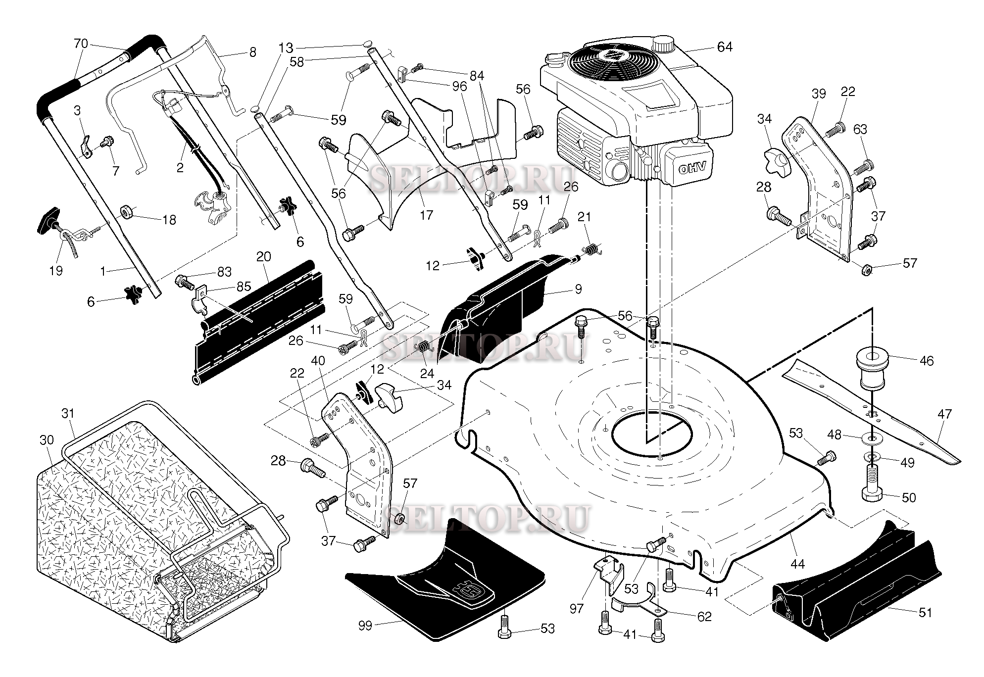 Рама и двигатель для газонокосилки Husqvarna 8522 RLS артикул модели 96143007901 (с 2011-03)