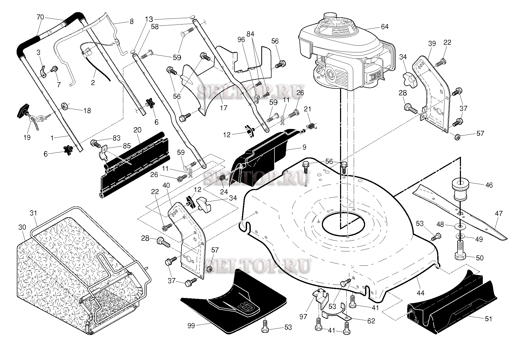 Рама и двигатель для газонокосилки Husqvarna HU 800 HW артикул модели 96143007101 (с 2011-04)