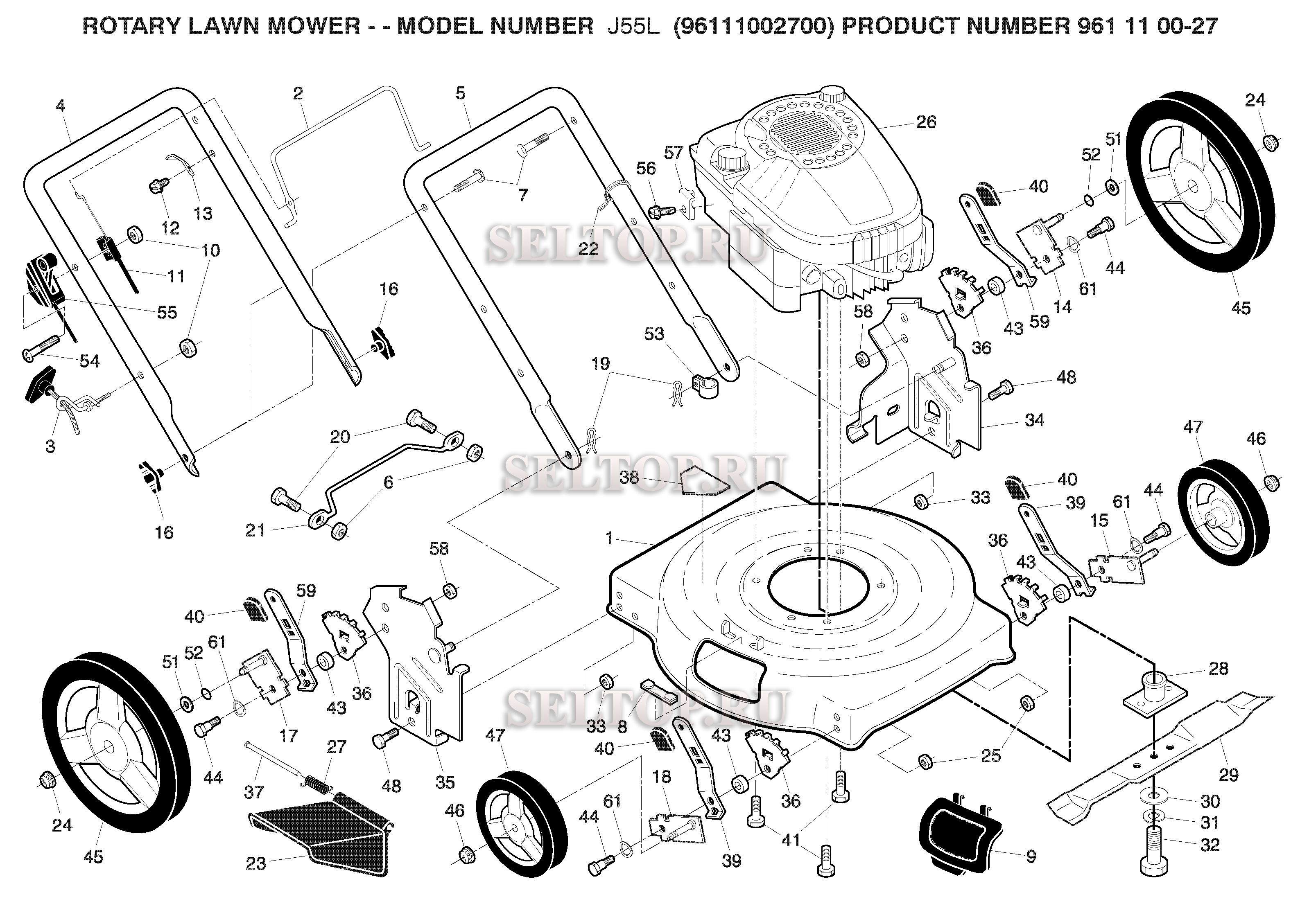 Общая деталировка для газонокосилки Husqvarna J 55 L артикул модели 96111002700 (с 2008-02)
