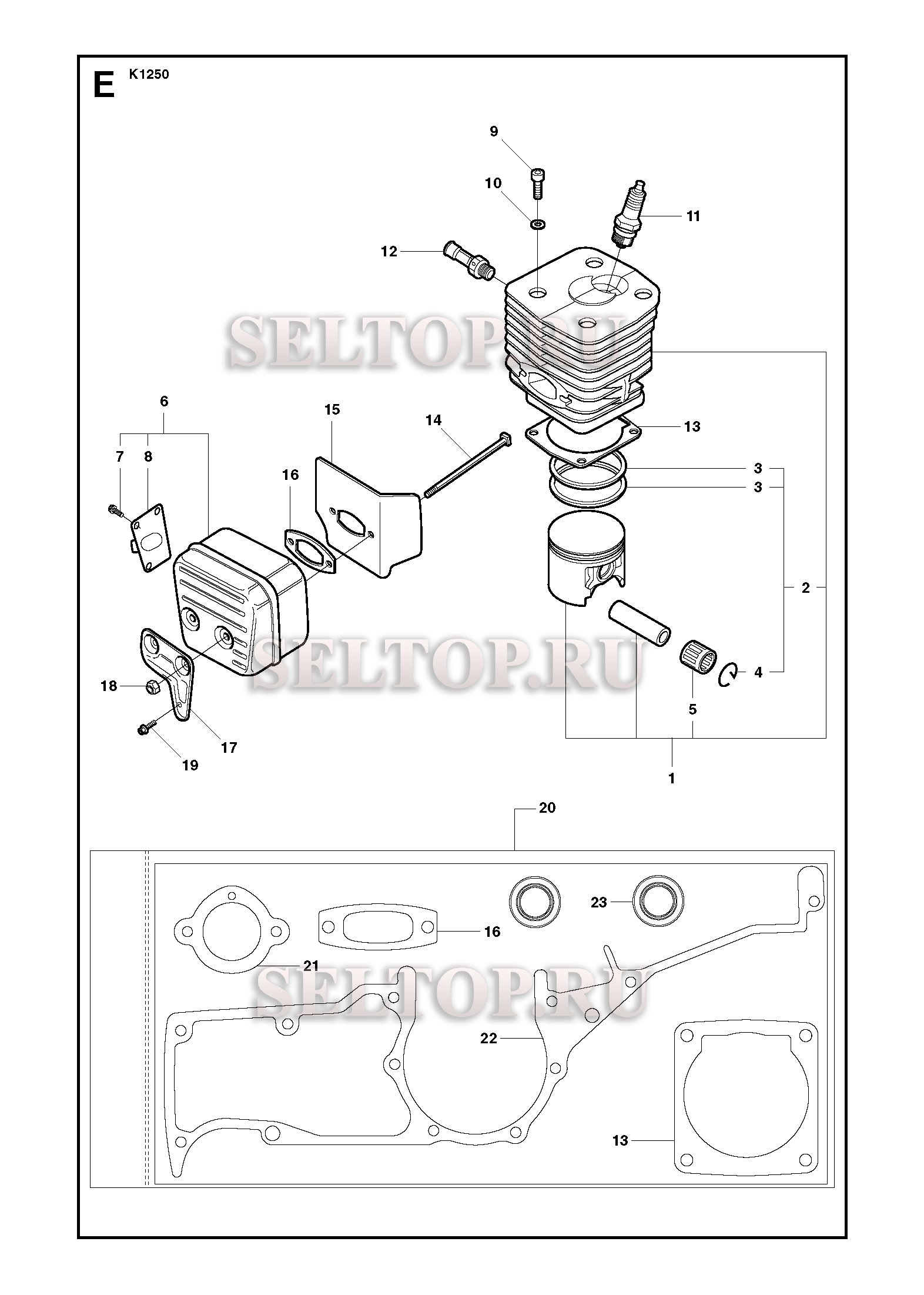 Цилиндр,поршень и глушитель для резчика Husqvarna K1250 Rail (с 2007-01)