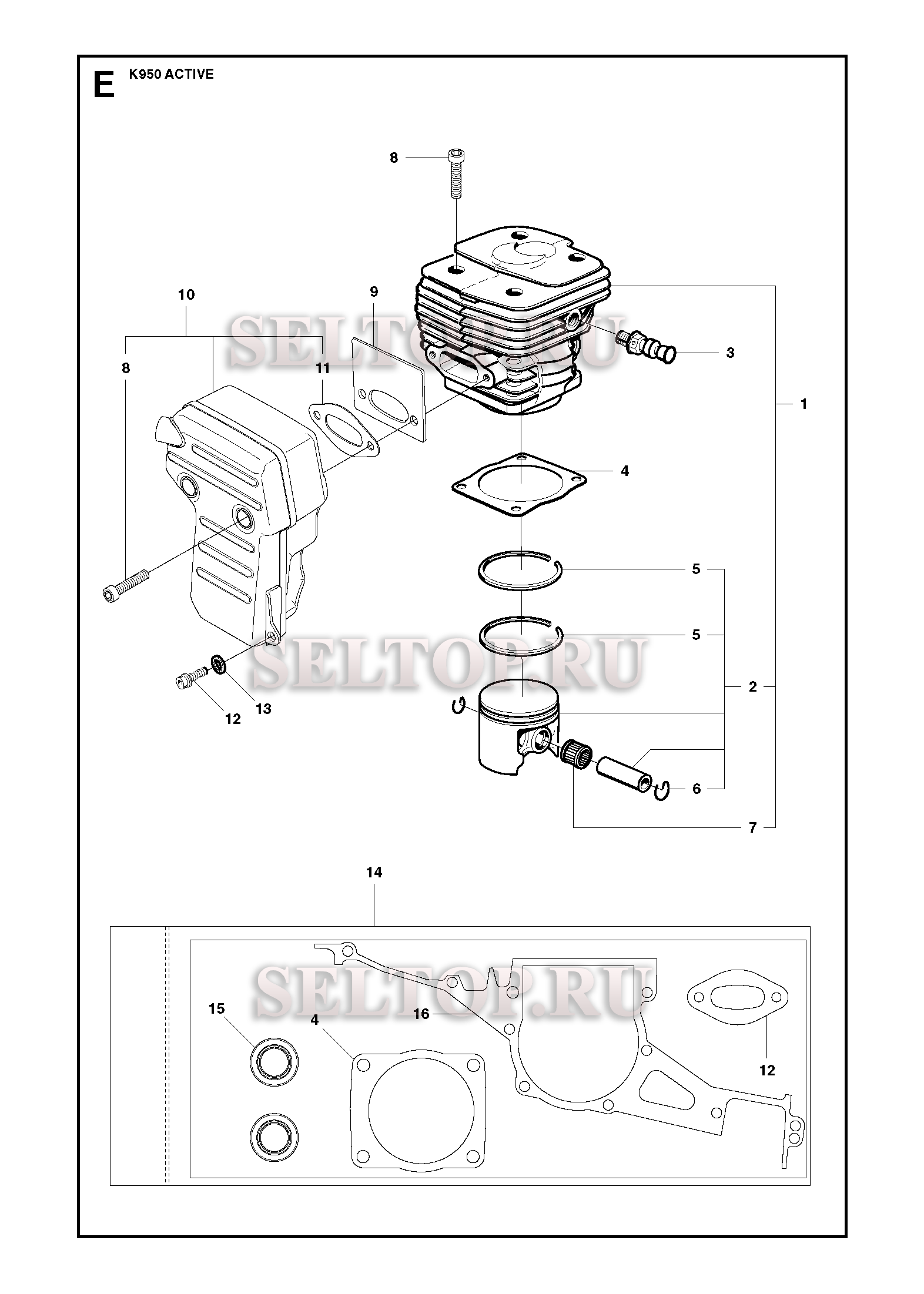 Цилиндр,поршень и глушитель для резчика Husqvarna K950 (с 2007-01)