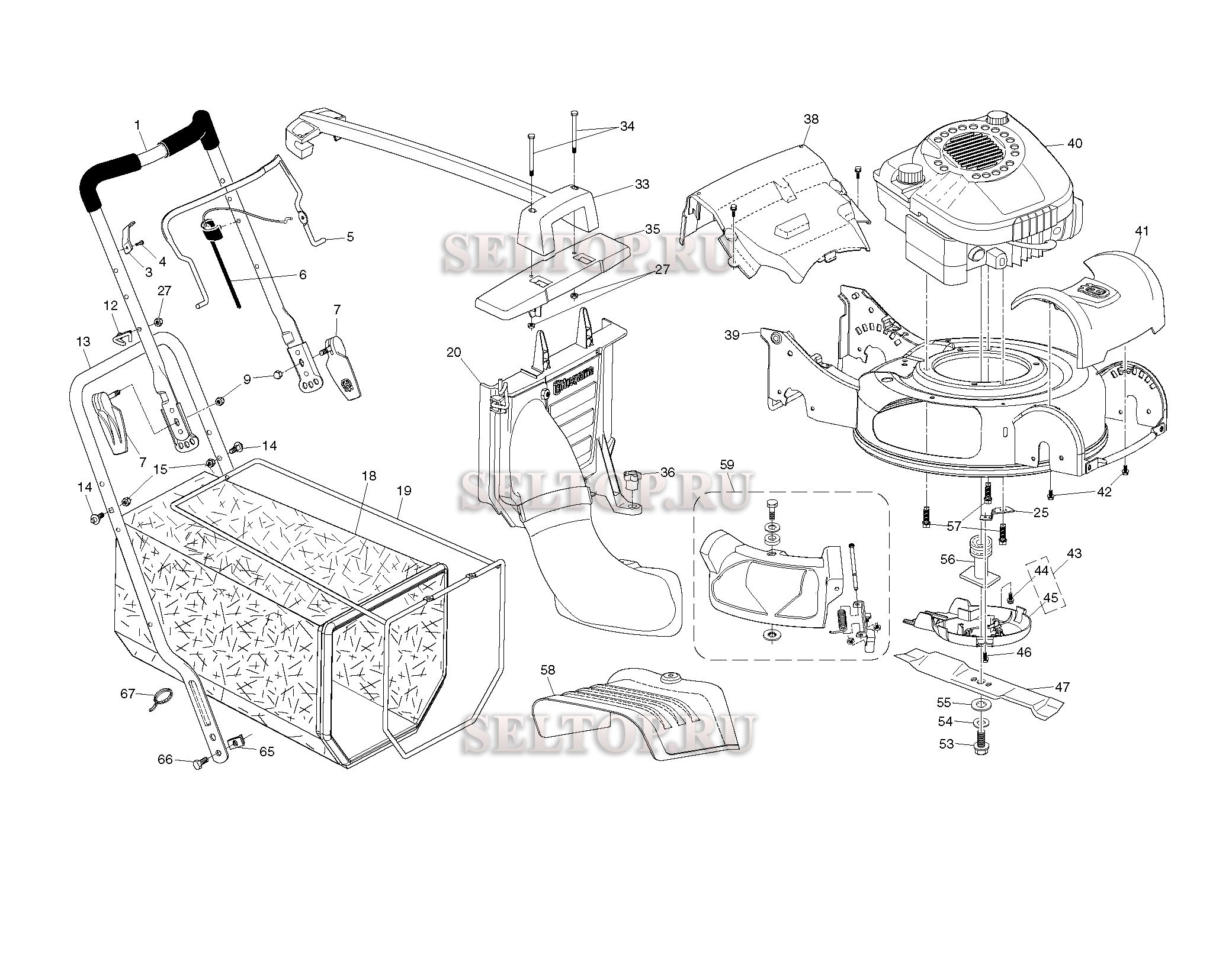 Ручки, двигатель для газонокосилки Husqvarna R 145 SV артикул модели 96141013106 (с 2011-01)