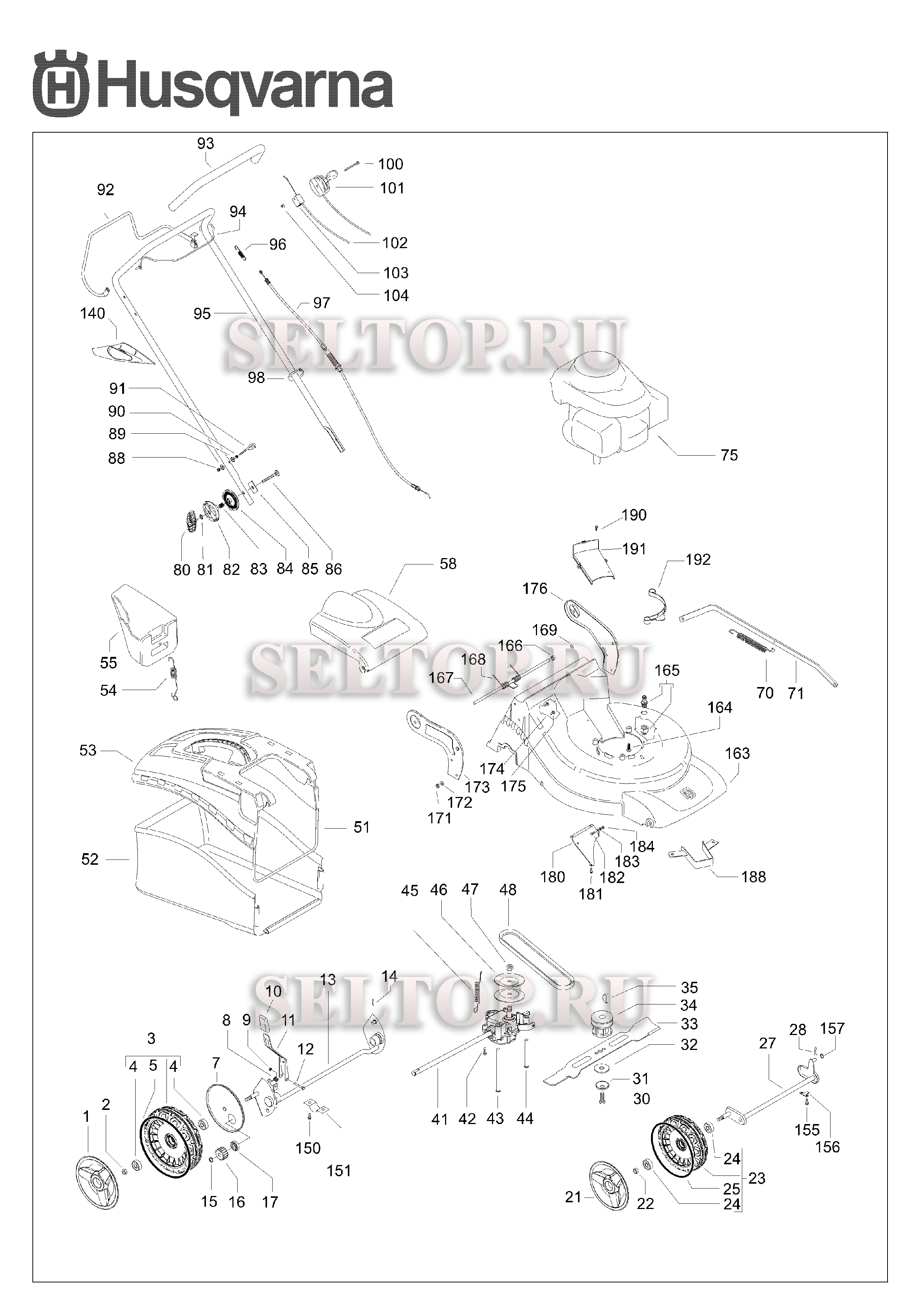 Общая деталировка для газонокосилки Husqvarna R 150 SH артикул модели 965159601 (с 2008-02)