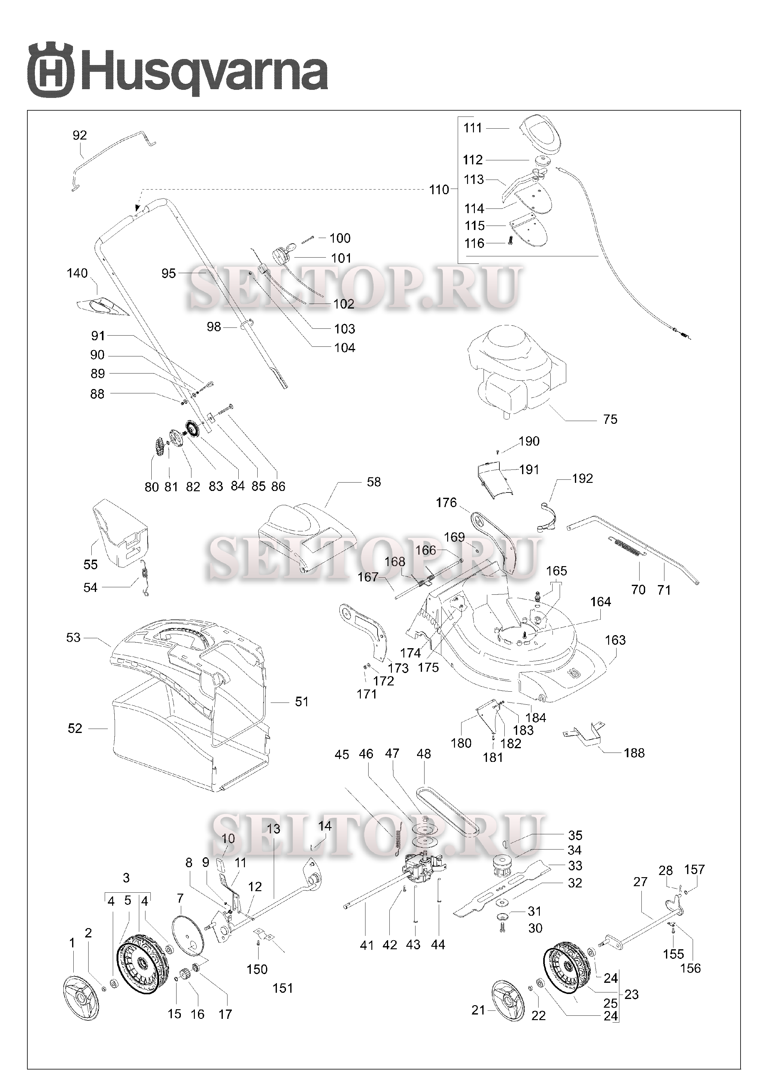 Общая деталировка для газонокосилки Husqvarna R 150 SVH артикул модели 965159602 (с 2008-02)