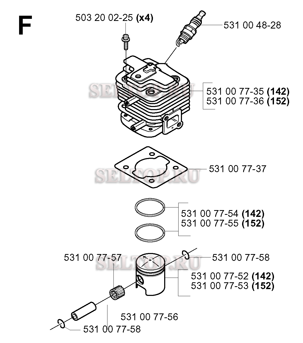 Поршень, цилиндр для триммера Husqvarna 152 RJ (c 2003-01)